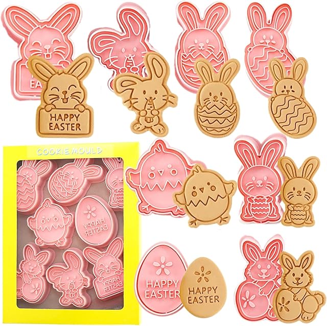 Crethink Easter Cookie Cutter Set,8 Pieces Plastic Biscuit Cutters,Happy Easter Eggs,Dancing Chick,Rabbit in Eggshell,Bunny Holding an Egg*3,Rabbit Eats Carrot,Bunny Holding A Happy Easter Sign