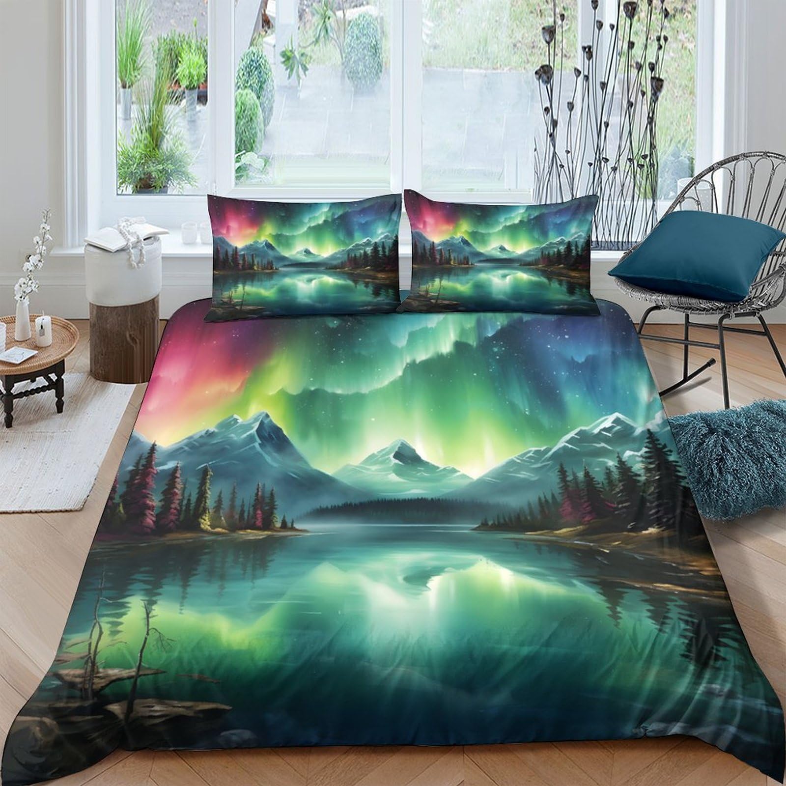 Ctjqhvkz Style-2 3D Printed Aurora Mountain Fitted Sheet Microfiber Soft Bed Cover Northern Lights Bedroom Mattress Cover Decor Single（135X200cm）