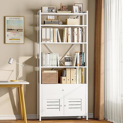 Miniatura 2 de Armario de almacenamiento con 4 estantes abiertos, armario de 1 cajón, estante de pie moderno blanco para baño, estante de almacenamiento de madera