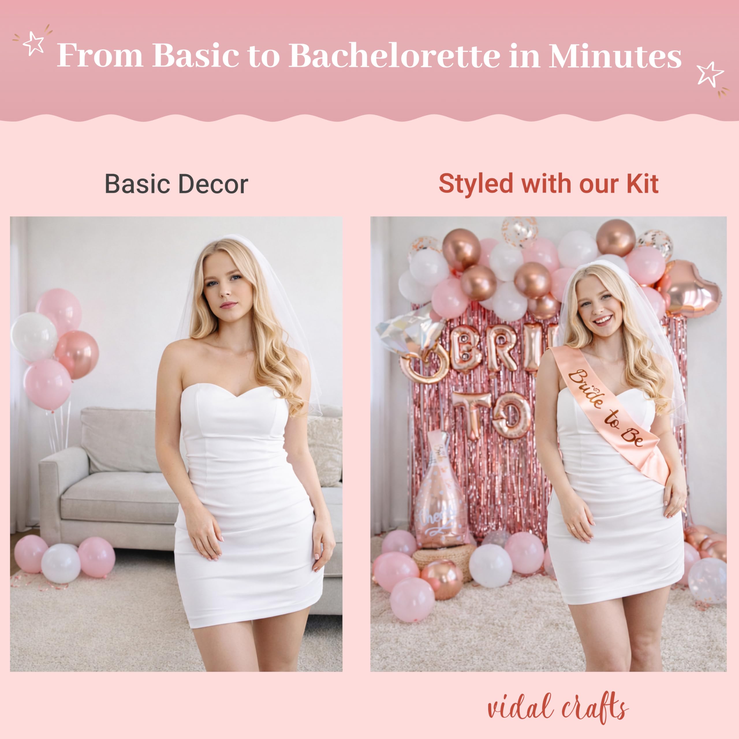 Vidal Crafts for a perfect party Rose Gold Bridal Shower Decorations- Ideal Bridal Shower and Bachelorette Decor with Latex & Confetti Balloons, BRIDE Banner, Bridal Veil, Fringe Curtains & Bride Sash