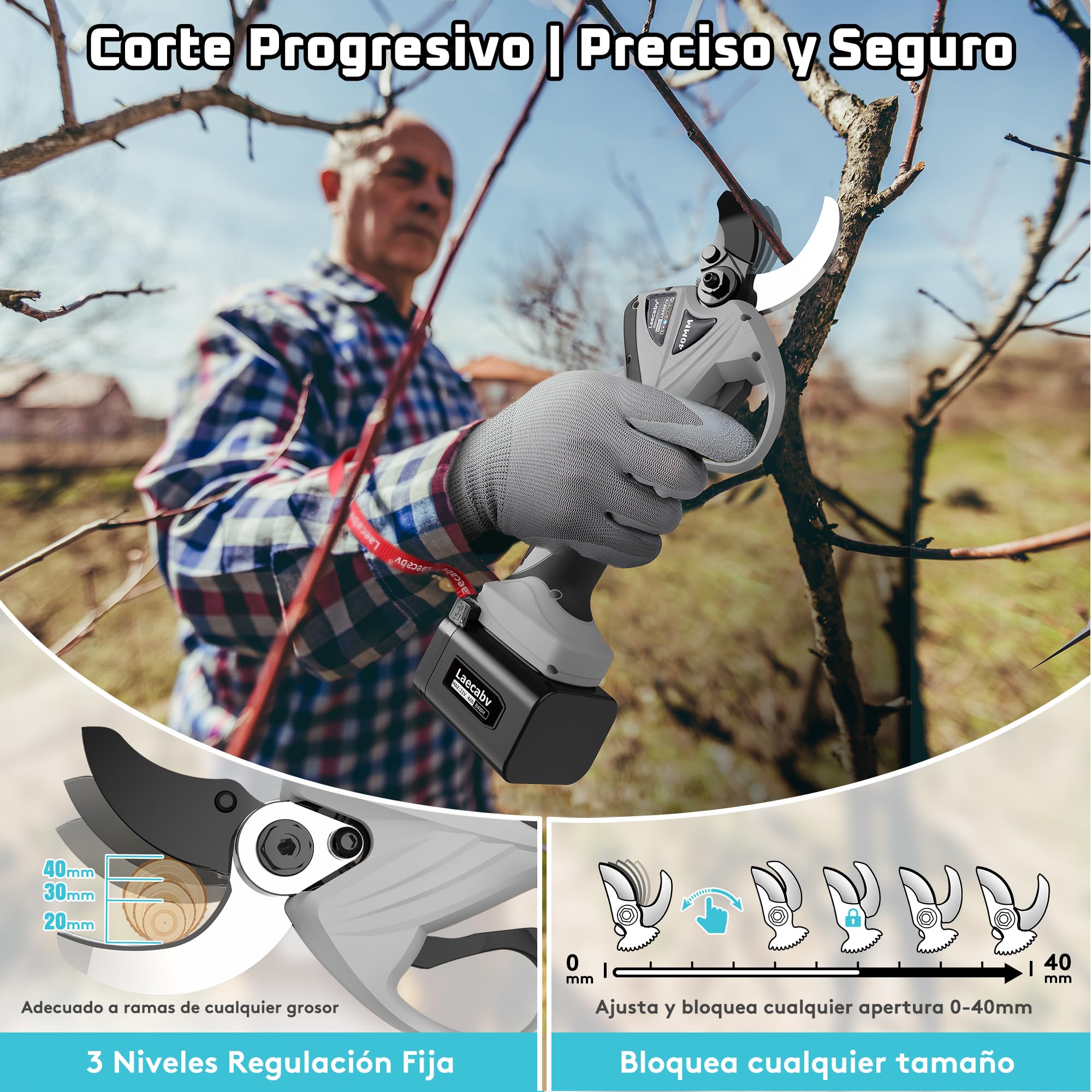 Laecabv Tijeras de podar eléctricas 40mm Corte Progresivo Pantalla LCD, 2x 4000mAh Bateria Tijeras podar Bateria Para jardin Viñedo Olivos