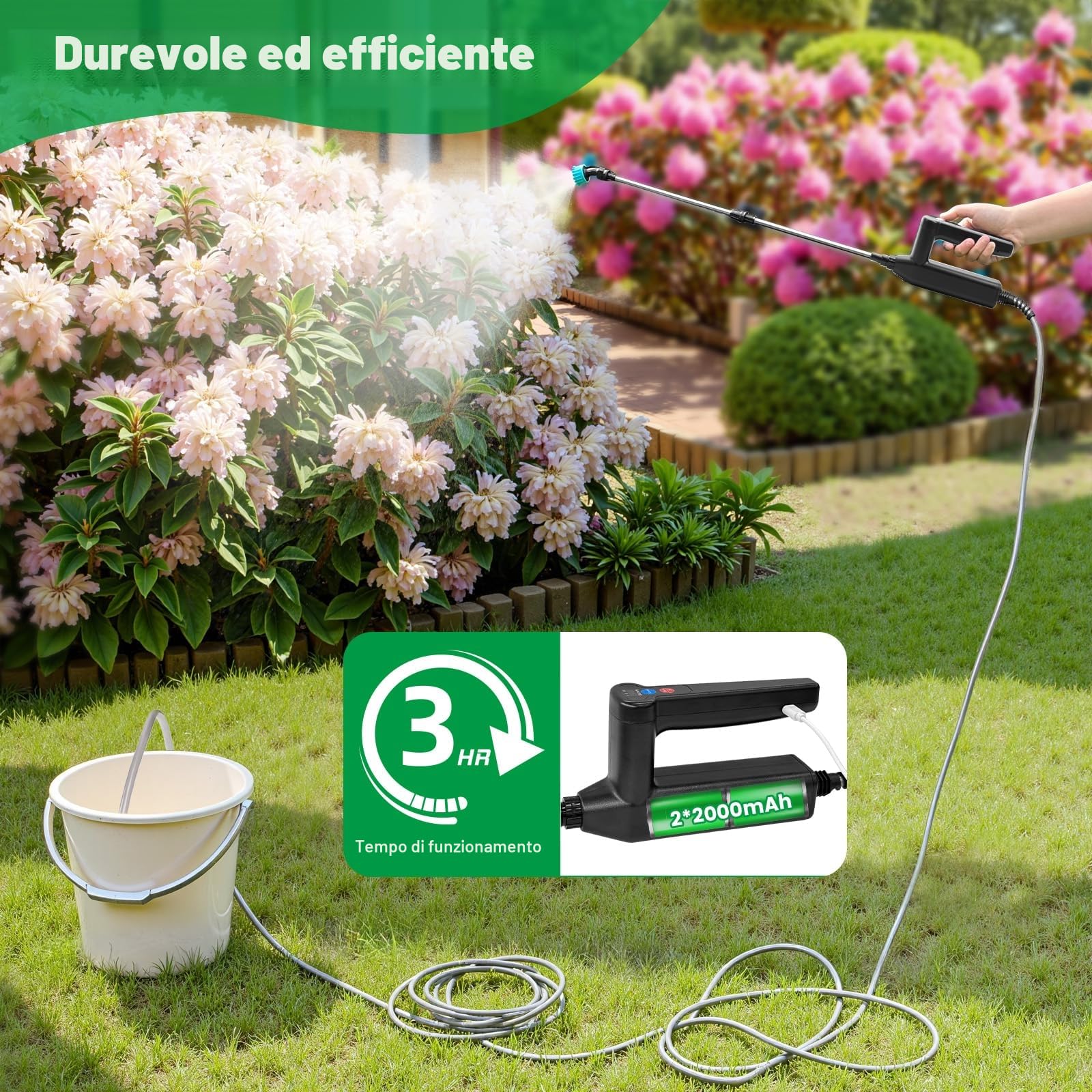 SYLSTAR Pompa Irroratrice a Batteria,3 Velocità di Pompa Irroratrice 8m,7.4V Spruzzatore Forte con Indicatore di Batteria, 4 Ugelli Regolabili Nebulizzatore Piante con 60CM Asta Telescopica