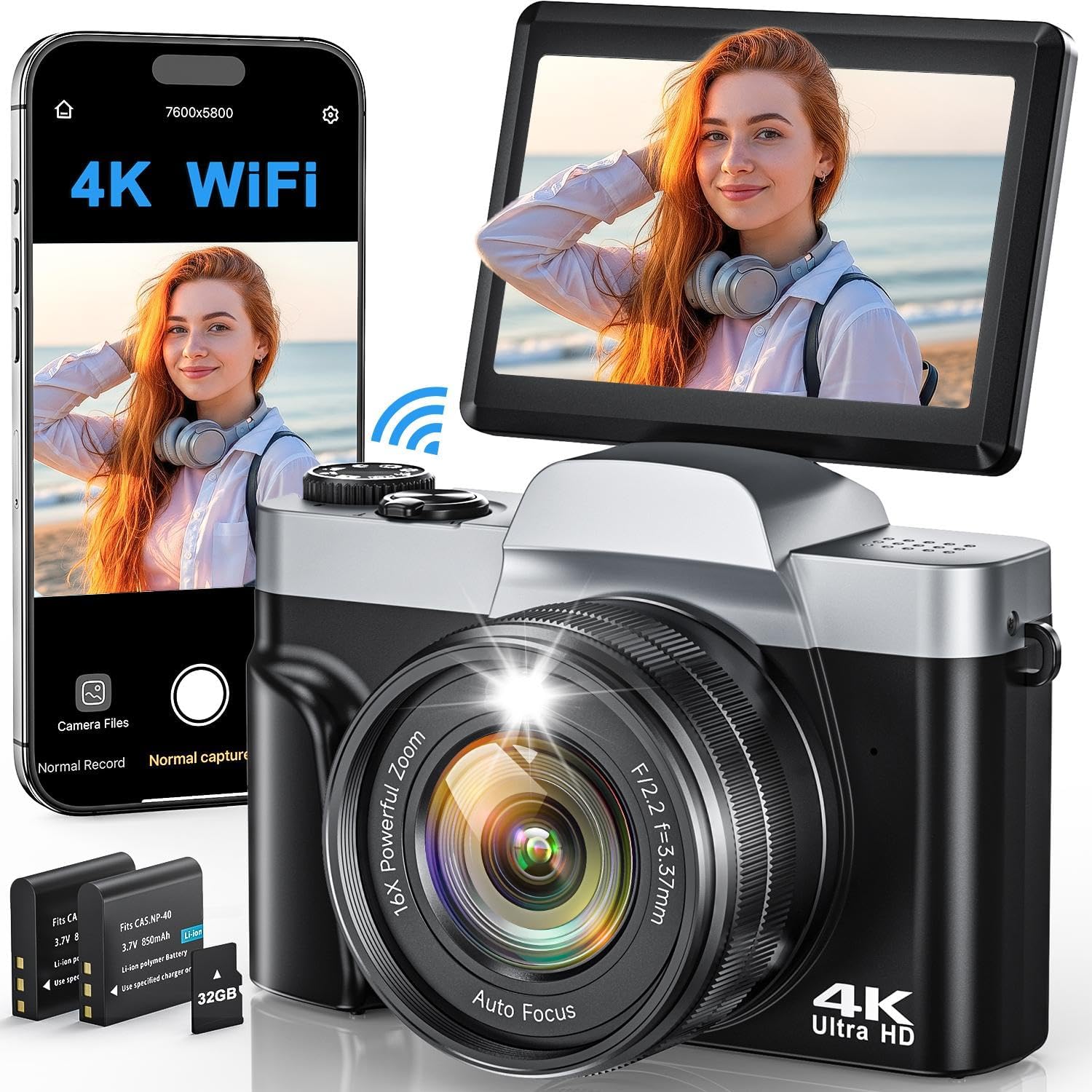 4K Digital Camera for Photography, WiFi 64MP Autofocus Vlogging Camera for YouTube, 3" 180° Flip Screen, 16X Zoom Antishake Compact Point and Shoot Travel Cameras with 32GB SD Card, 2 Batteries, Black