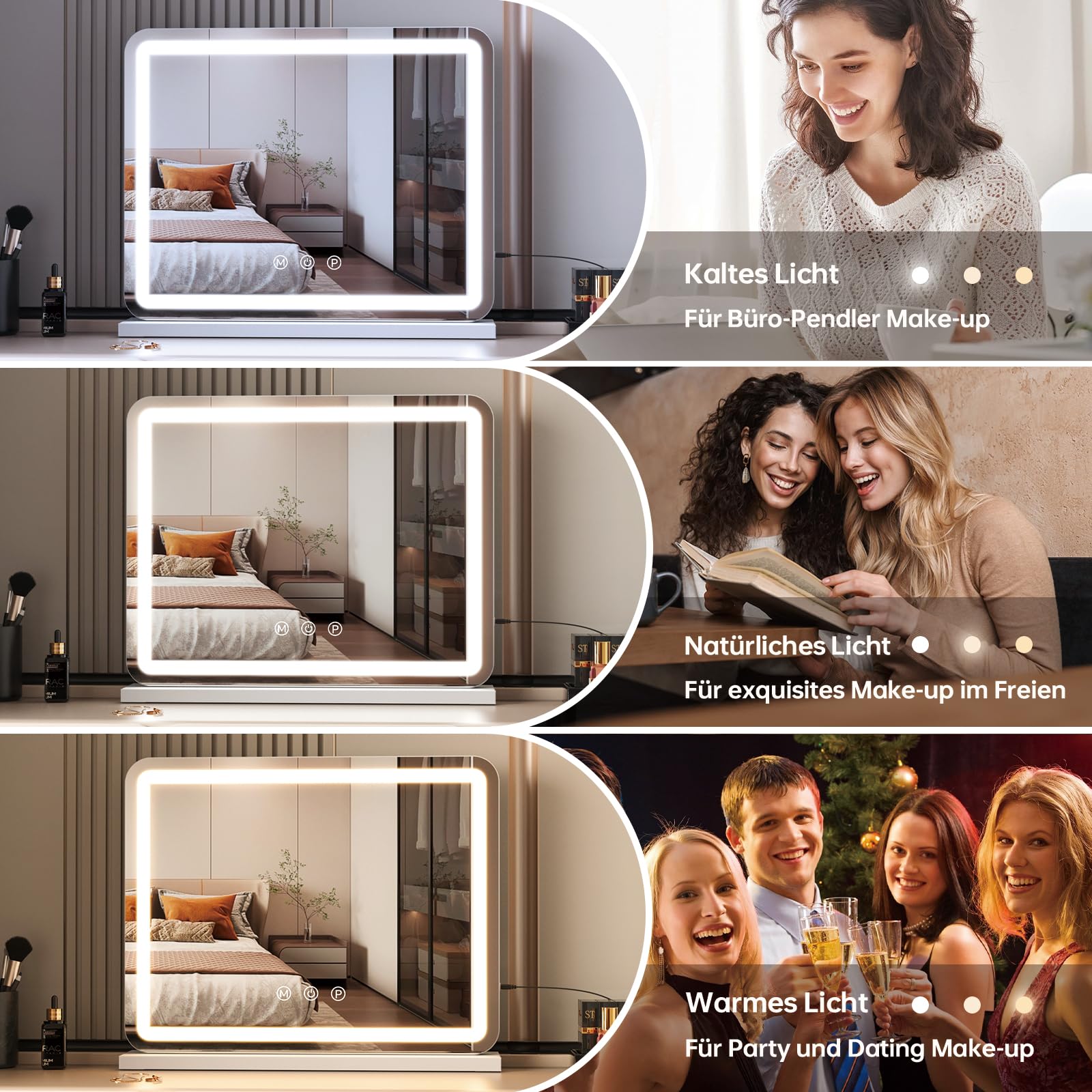 ZL ZELing Kosmetikspiegel mit Lichtern, 58,4 cm großer Make-up-Spiegel mit LED-Lichtern, Smart Touch, dimmbares 3-farbiges Licht, Memory-Funktion, USB-Ladeanschluss und Lupe
