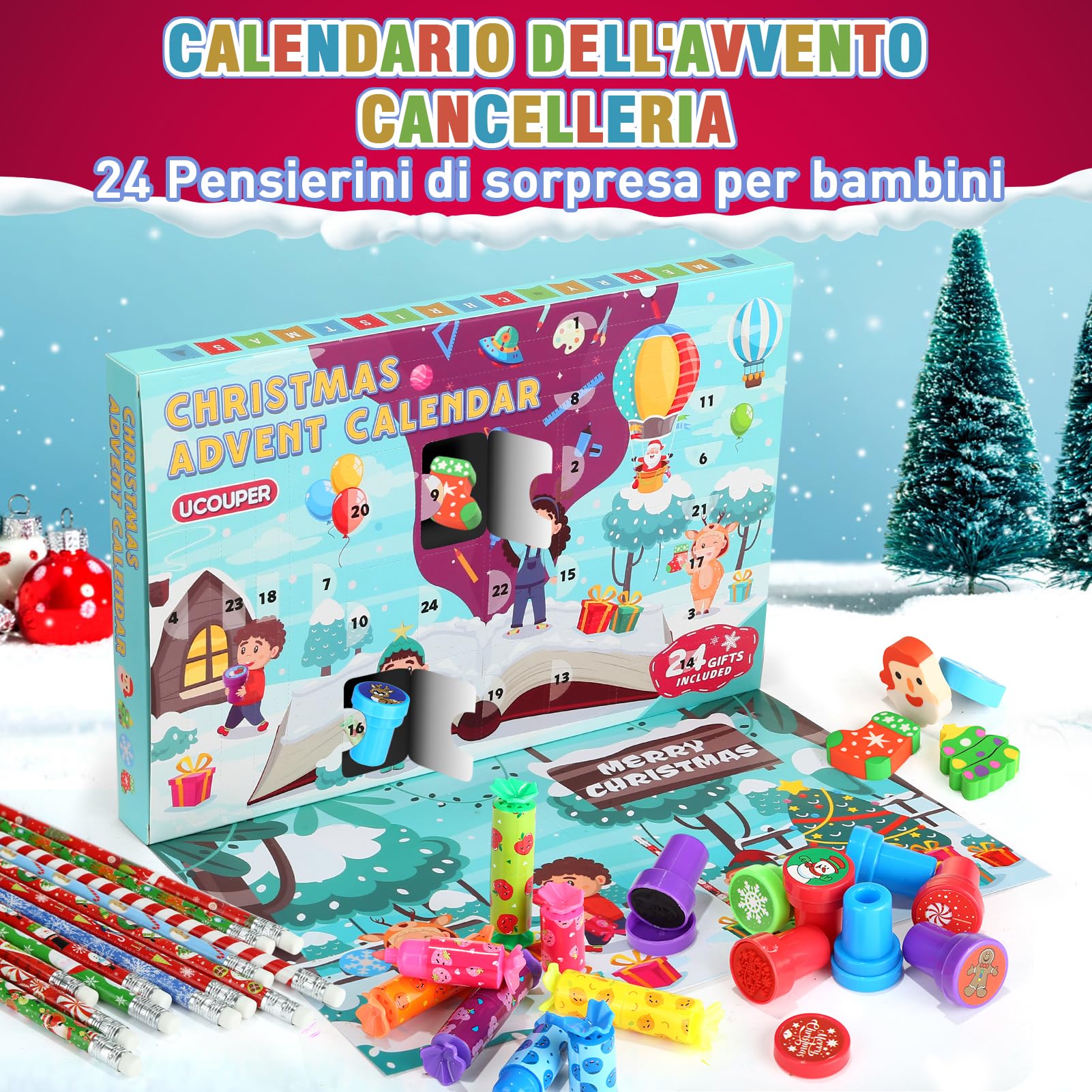 Calendario Avvento 2025 di Cancelleria Scuola Set Cancelleria 24 Articoli Calendario Avvento Bambini Bambina con Matite Timbri Evidenziatori e Gomma Regali di Natale Bambini