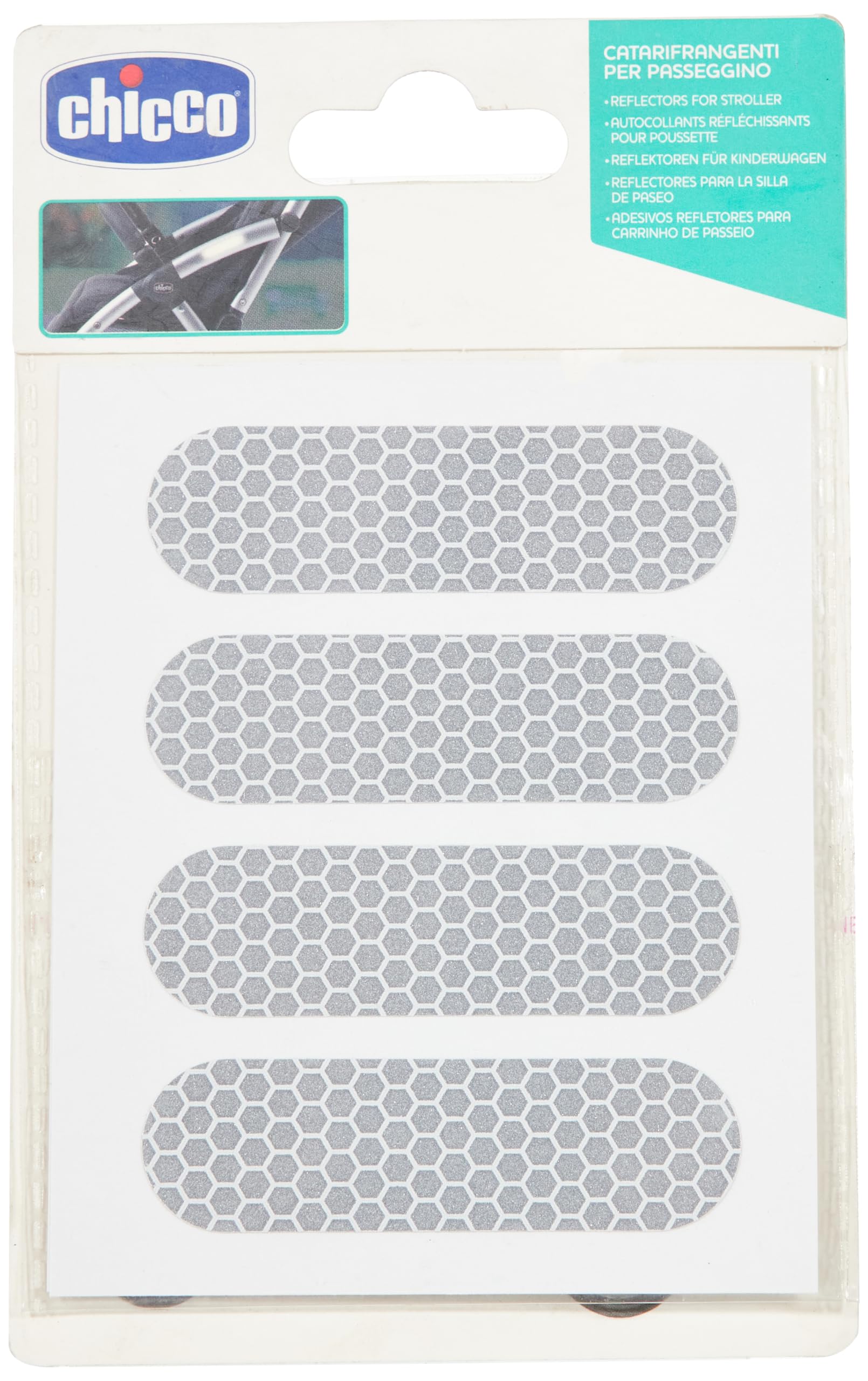 Chicco Adhesivos Reflectantes Universales para Cochecitos y Sillas de Paseo (Adecuado para Paseos Nocturnos y Máximizar la Seguridad, 4 Unidades), Unisex, Gris