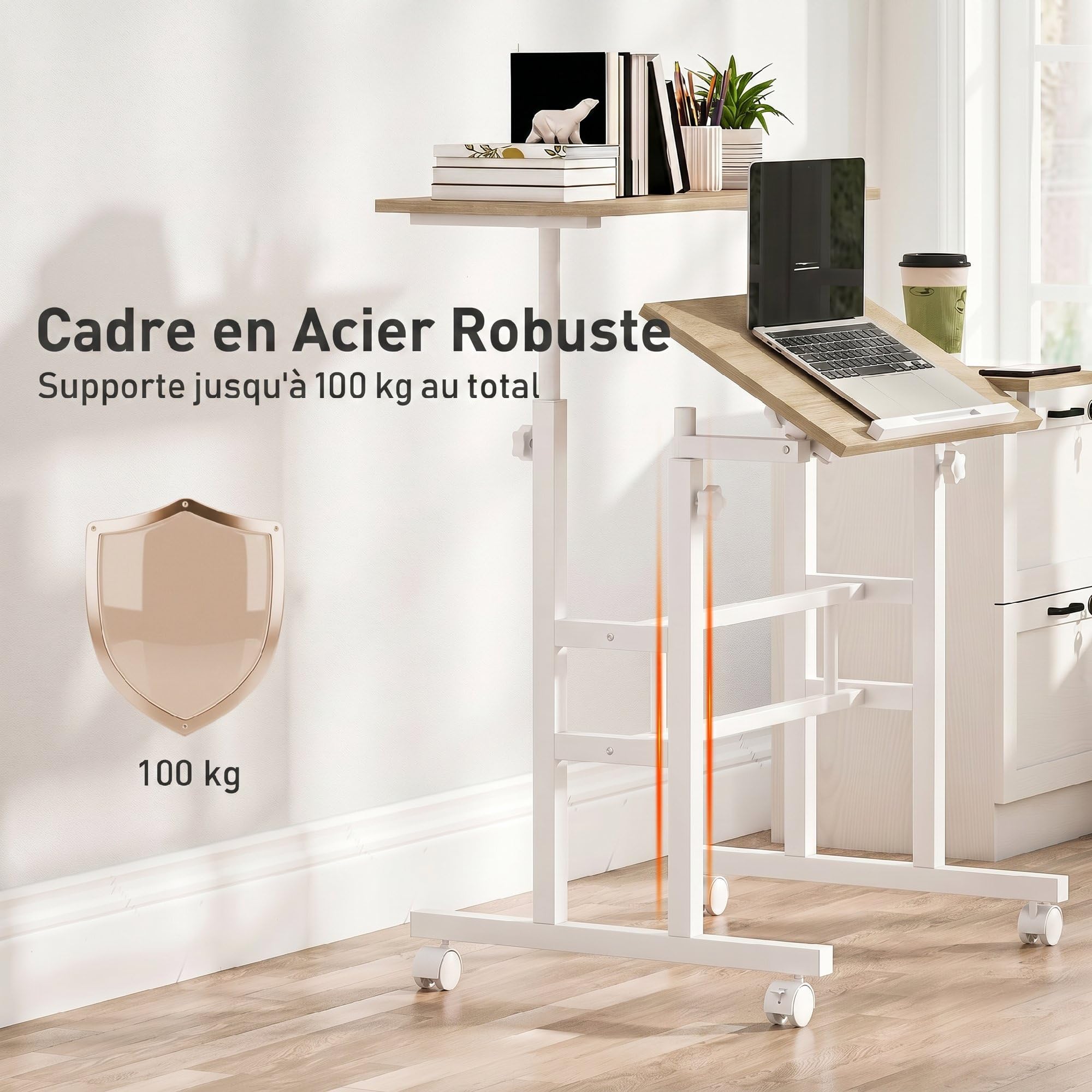 HOMCOM Scrivania sit-stand regolabile in altezza 70x60cm Bianco | Scrivania per computer su ruote, vassoio inclinabile, postazione di lavoro per camera da letto, piccoli spazi