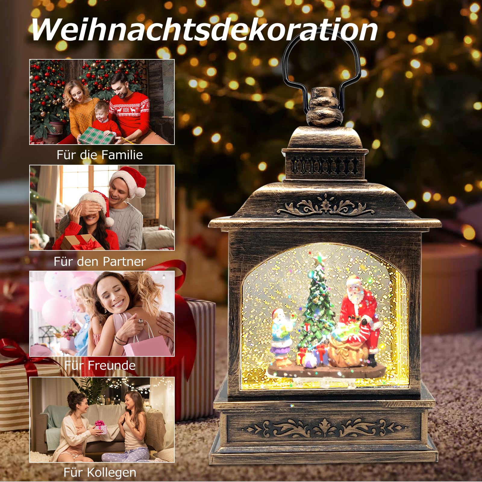 Marsyu Weihnachts Schneekugel Laterne mit Zeitschaltuhr, Beleuchtete USB/batteriebetriebene Wirbelnde Singende Wasserlaterne, Schneekugel Laterne für Erwachsene Kinder, Weihnachtsdekoration/Geschenk