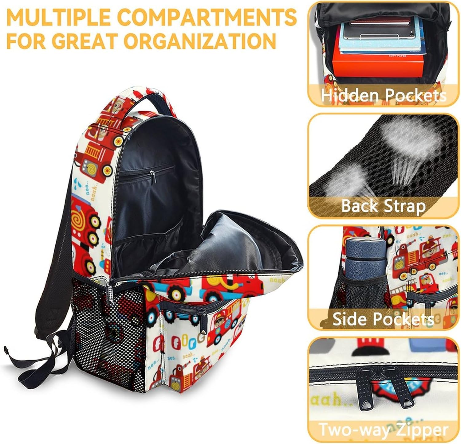 Personalized Fire Truck School Backpack for Boys, 16 Inch White Backpacks for Kids Age 8-10, Cute Lightweight Bookbag for Travel