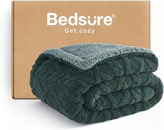 Bedsure Sherpa Fleece Throw Blanket, Cable Jacquard Tufted Dark Green 60x80