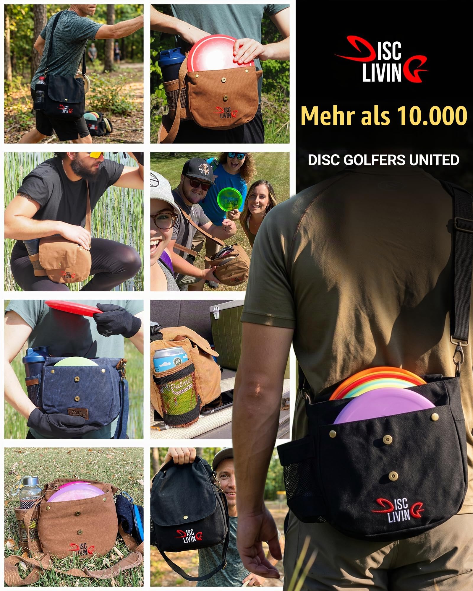 Disc Golf Bag | Frisbee Golf Bag | Easy to Carry | Lightweight Fits Up to 10 Discs | 16 oz Waxed Canvas Sturdy Design | Belt Loop | Double Button Design | Bottle Holder