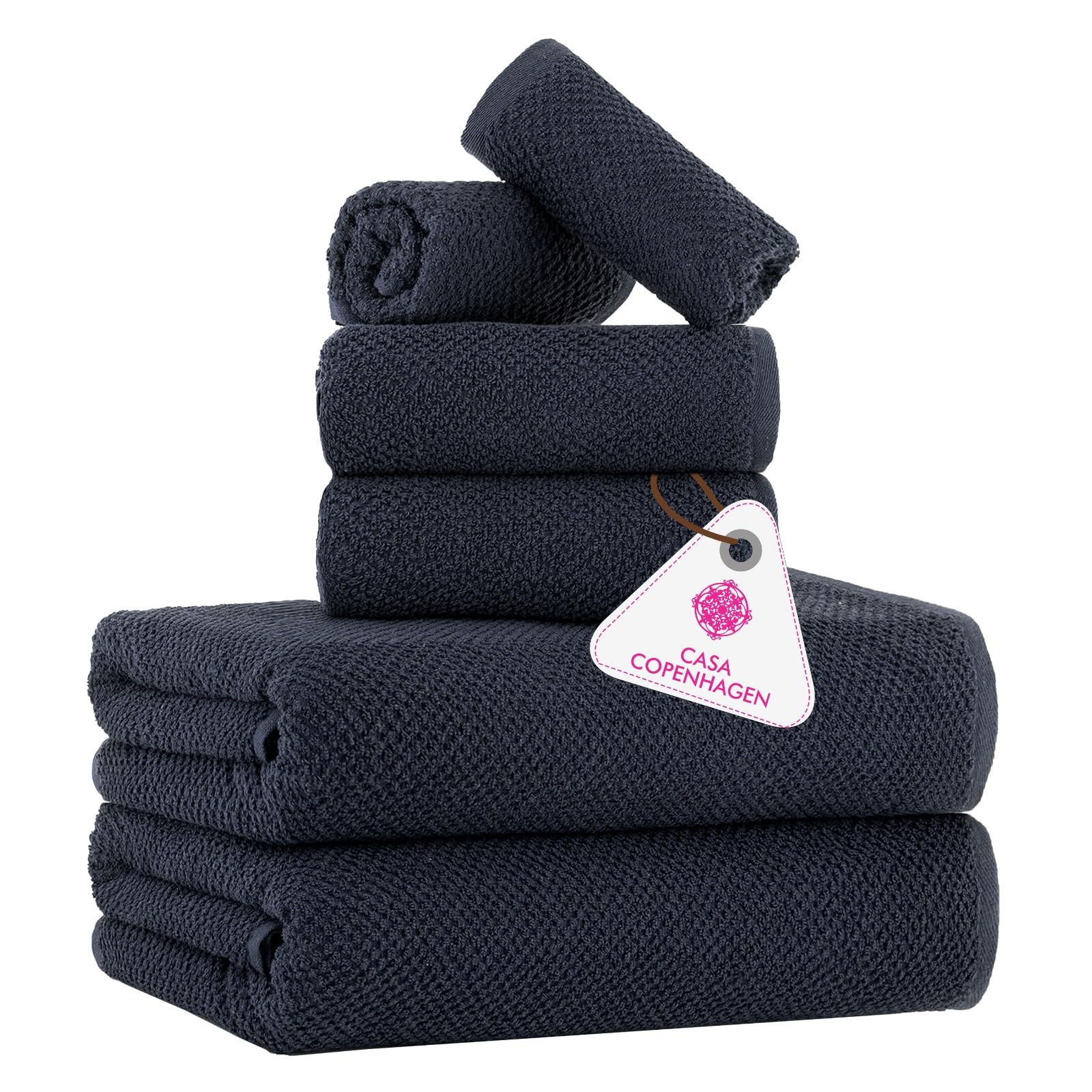 CASA COPENHAGEN Popcorn Textured 6 Piece Towel Set - Navy Blue, 550 g/m², 2 Bath Towel, 2 Hand Towel, 2 Washcloth Towels Cotton Rough and Tough Use Gift Set for Bathroom