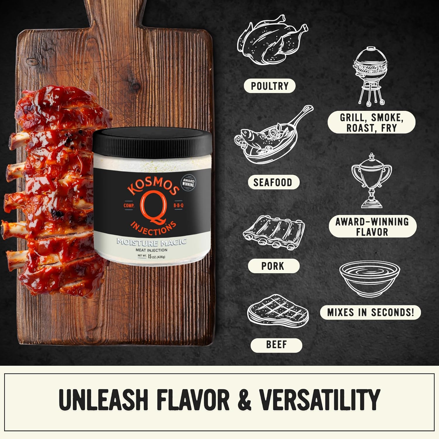 Kosmos Q Moisture Magic BBQ Injection, Phosphate Meat Marinade for Chicken, Pork, Brisket, Fish & More, BBQ Competition Injection Blend to Maximize Juiciness, Flavor & Moisture, Gluten Free, 16 Oz Jar