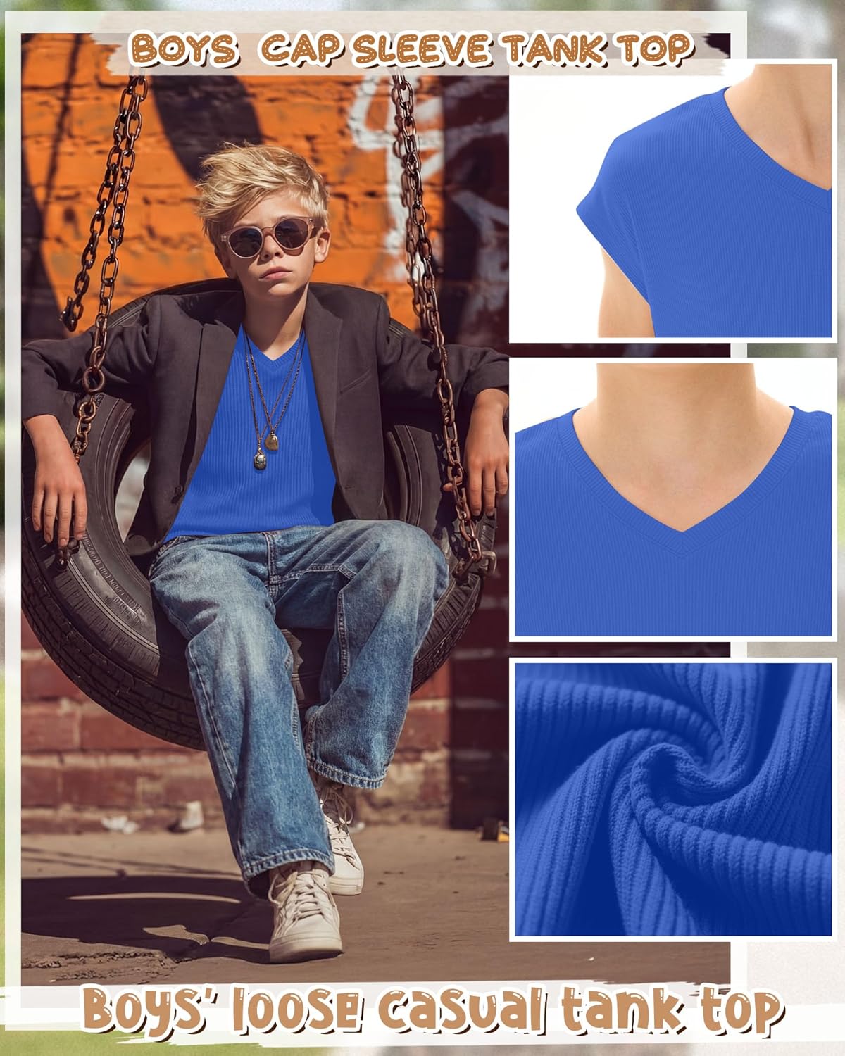 Xaatren 5 Pack Boys Ribbed Tank Tops Cap Sleeve V Neck Loose Fit Shirts Kids Athletic Basic Undershirts 5-14 Years