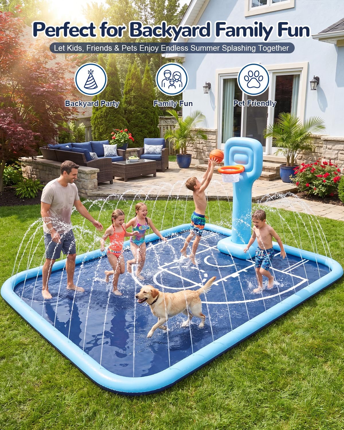 Splash Pad per bambini e cani, grande cuscinetto per irrigatore con canestro da basket, tappetino antiscivolo ispessito, giocattolo d'acqua per bambini e famiglie