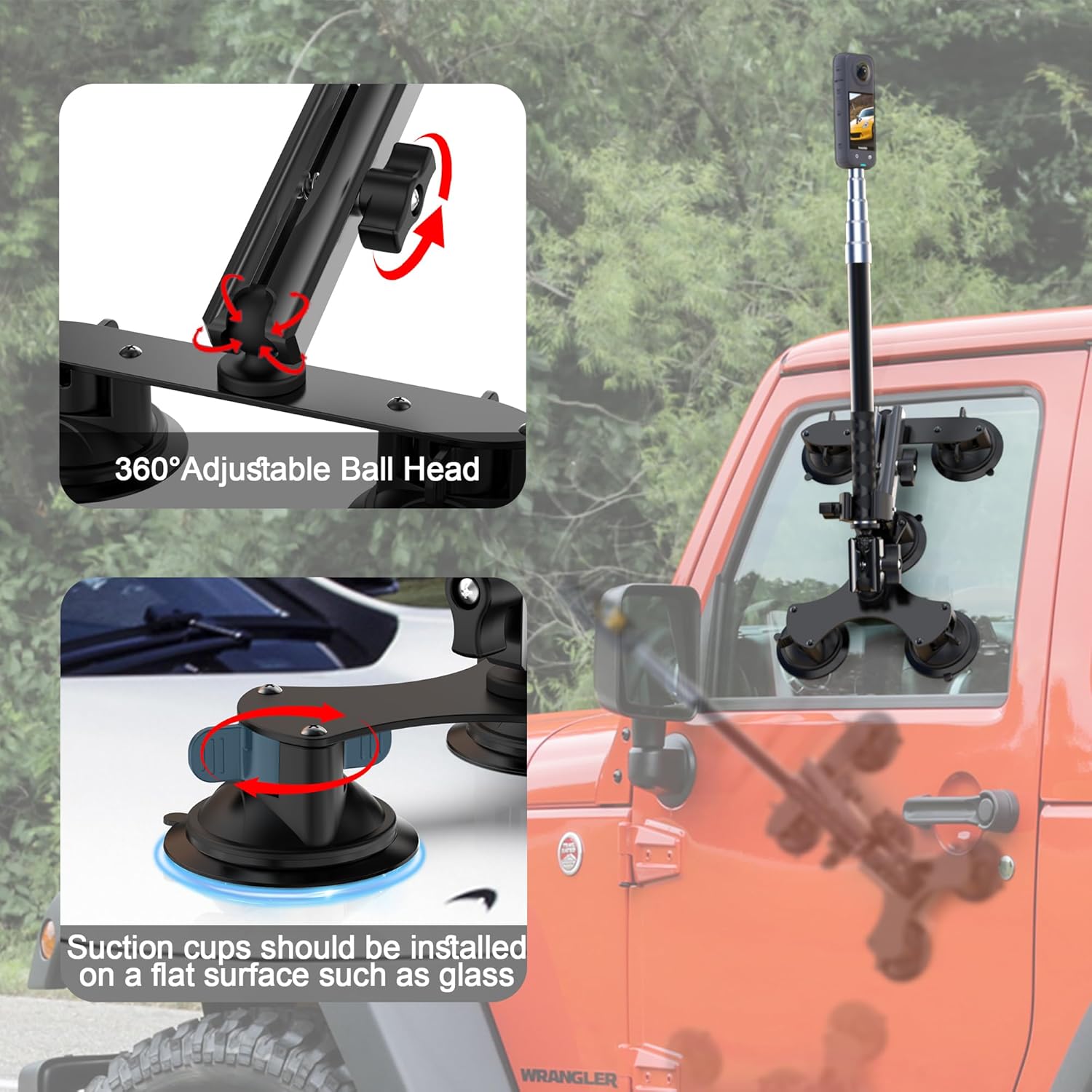 Suction Car Mount for Insta360 X5/X4/X3/X2/GO 3/ONE/RS & GoPro Max with 59" Lockable Selfie Stick - 5 Suction Cup Camera Mount for 360° Action Vlogging, DSLR and Sports Cameras (Indoor Outdoor Use)