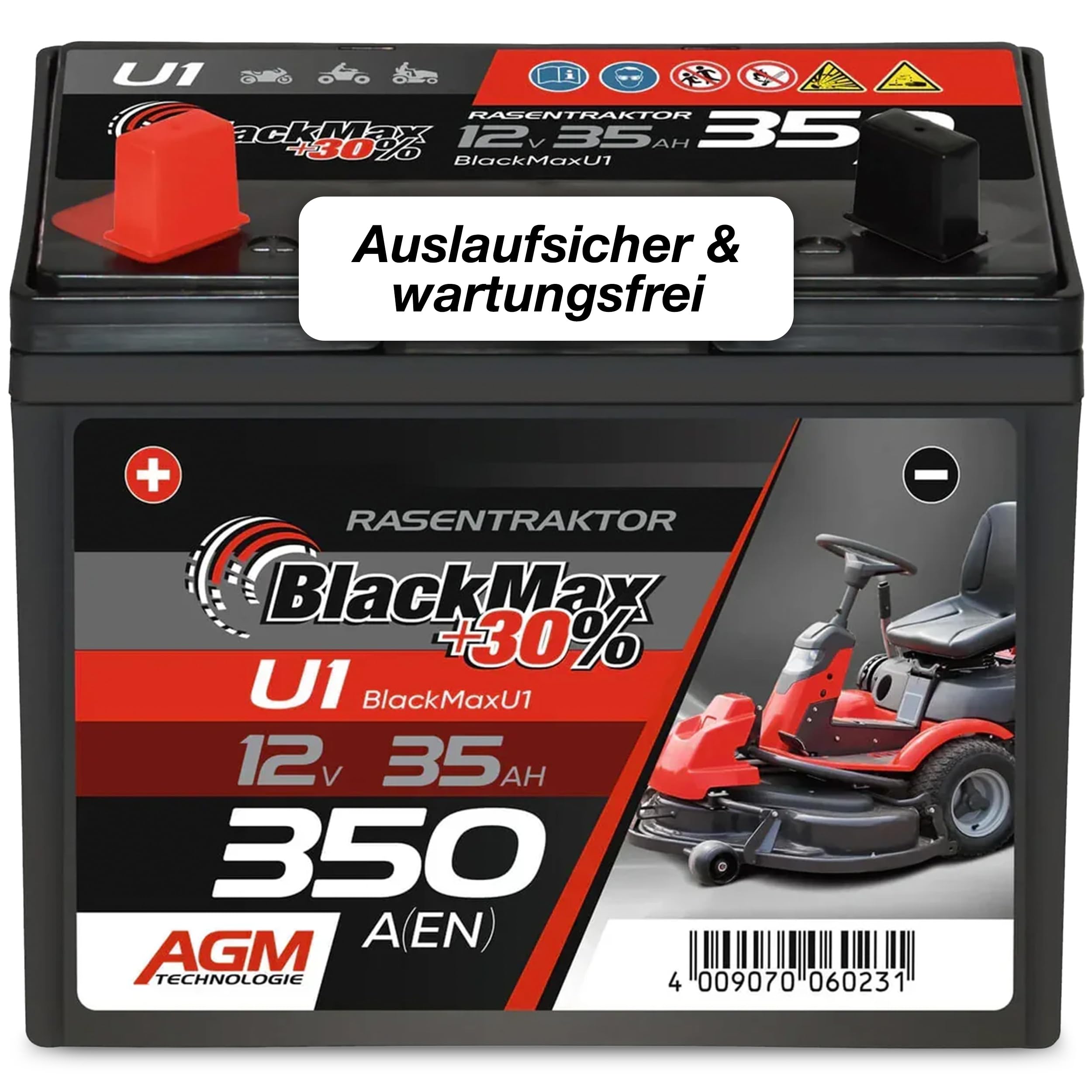 BlackMax Rasentraktor Batterie 12V 35Ah 350A (Pluspol Links) - U1-9 +30% AGM Starterbatterie (12 Volt) für Aufsitzmäher und Rasenmäher-Traktoren, wartungsfrei & wiederaufladbar statt 30Ah 32Ah