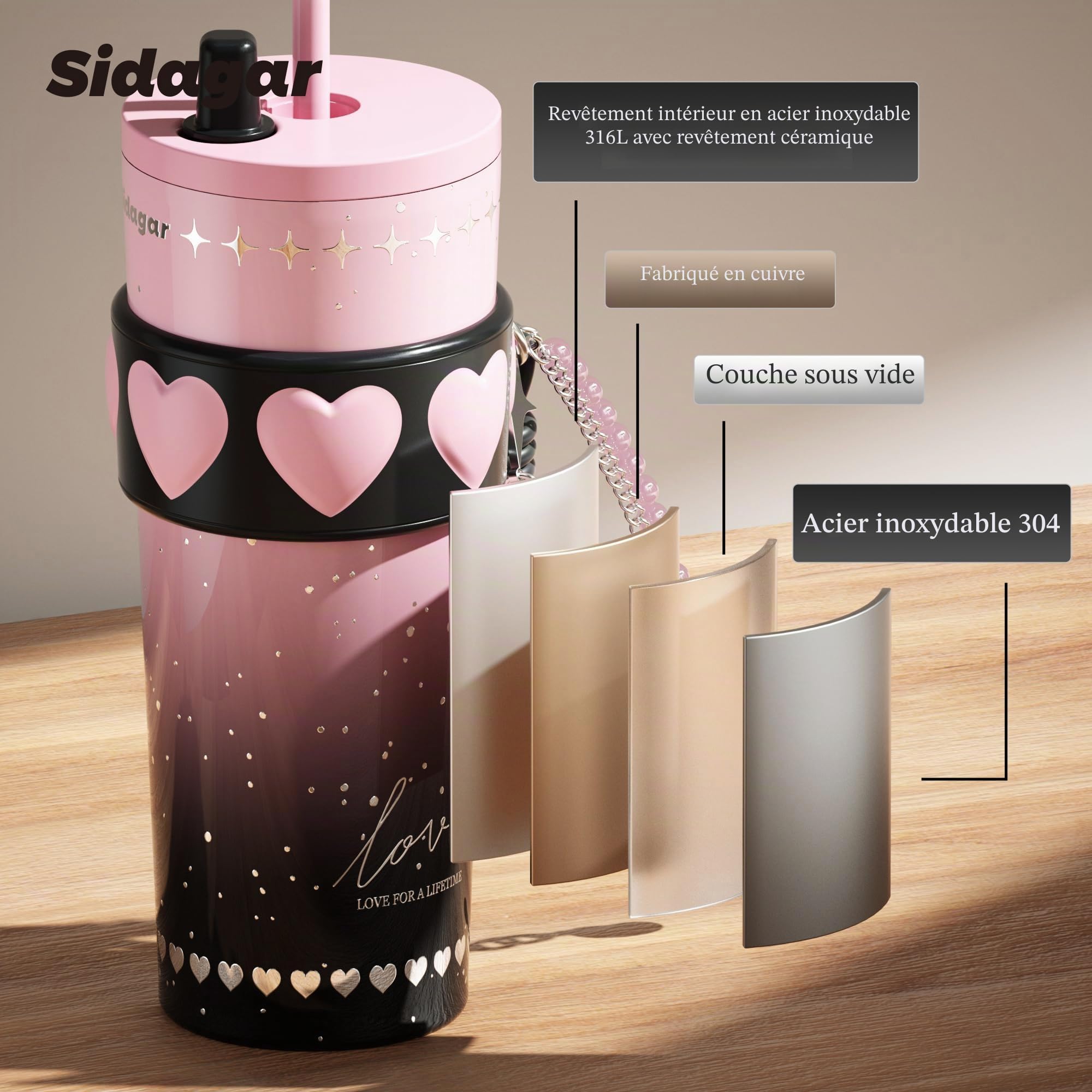 Gobelet en acier inoxydable de 710 ml avec couvercle et paille, tasse à café isotherme, anti-fuite, portable, réutilisable, tasse à café isotherme pour femme, rose