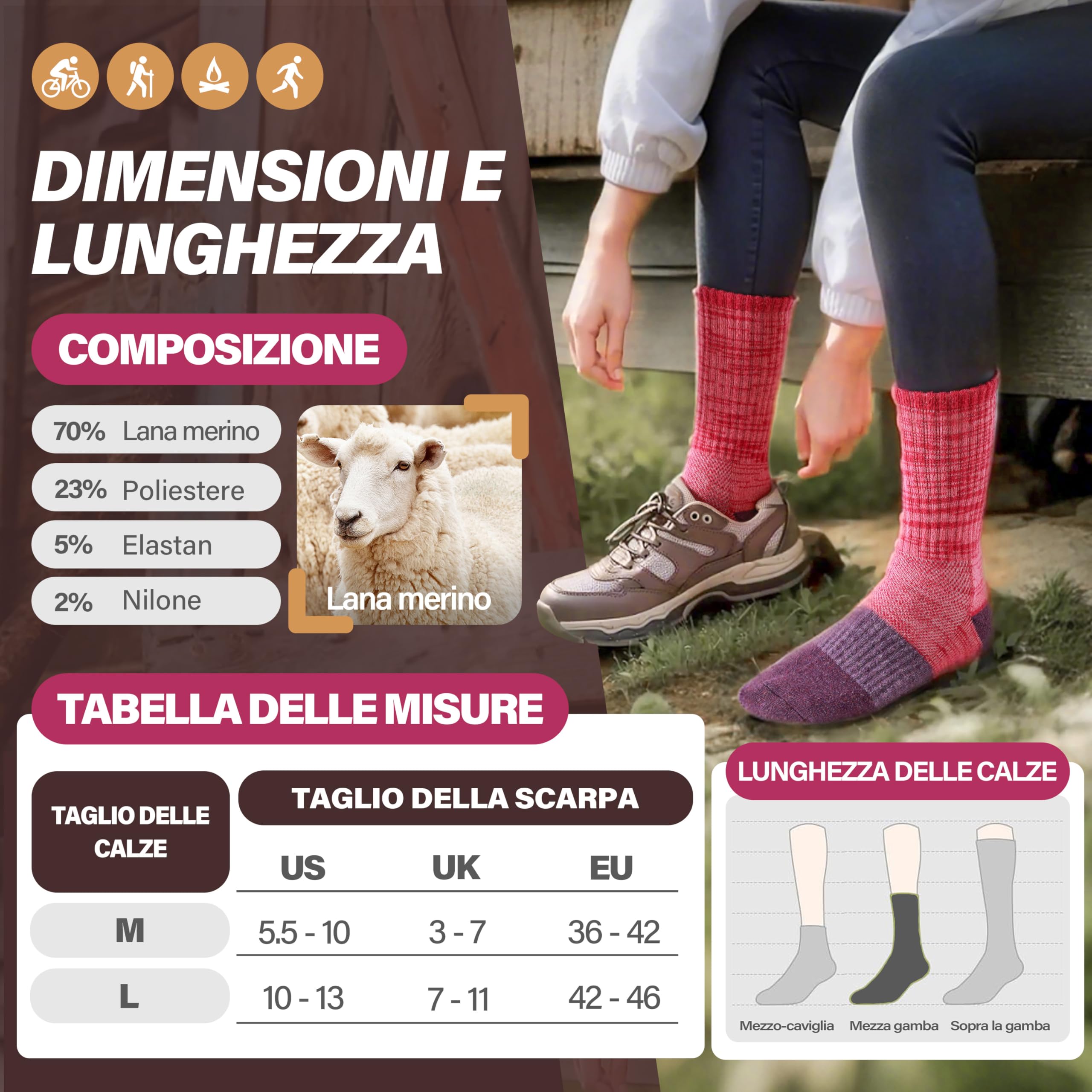 MOSEY KOSY 5 Paia di Calzini Termici in Lana Merino per Donna per Trekking Attività all'Aria Aperta e Lavoro Caldi Traspiranti e Invernali