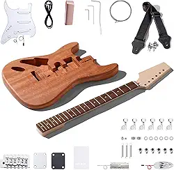 Leo Jaymz Kits de guitarra elétrica estilo esquerdo DIY ST com corpo de mogno e pescoço de bordo - escala de madeira de louro e todos os componentes incluídos (ST canhoto)