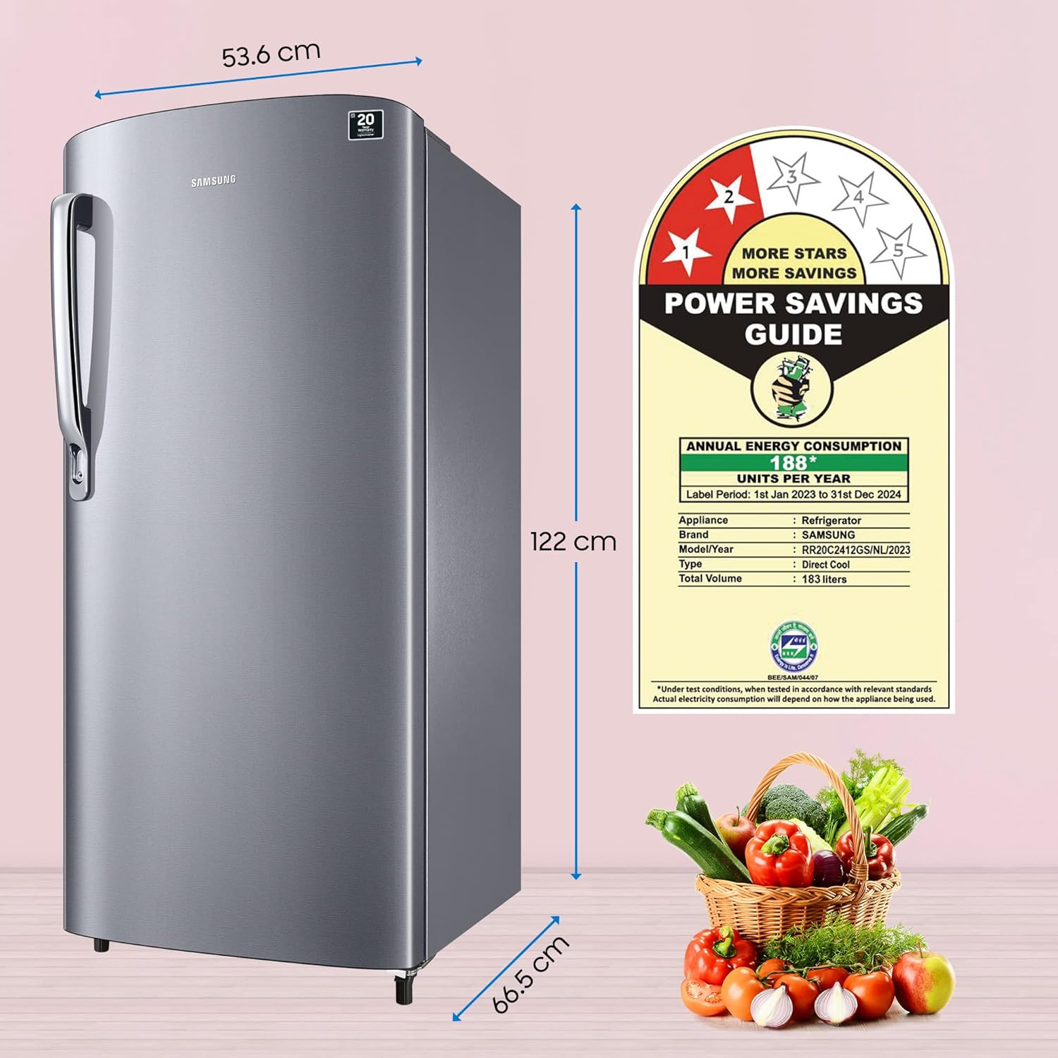 Samsung 183 L, 2 Star, Digital Inverter, Direct-Cool Single Door Refrigerator (RR20C2412GS/NL, Gray Silver, 2024 Model) Samsung 183 L, 2 Star, Digital Inverter, Direct-Cool Single Door Refrigerator (RR20C2412GS/NL, Gray Silver, 2024 Model)