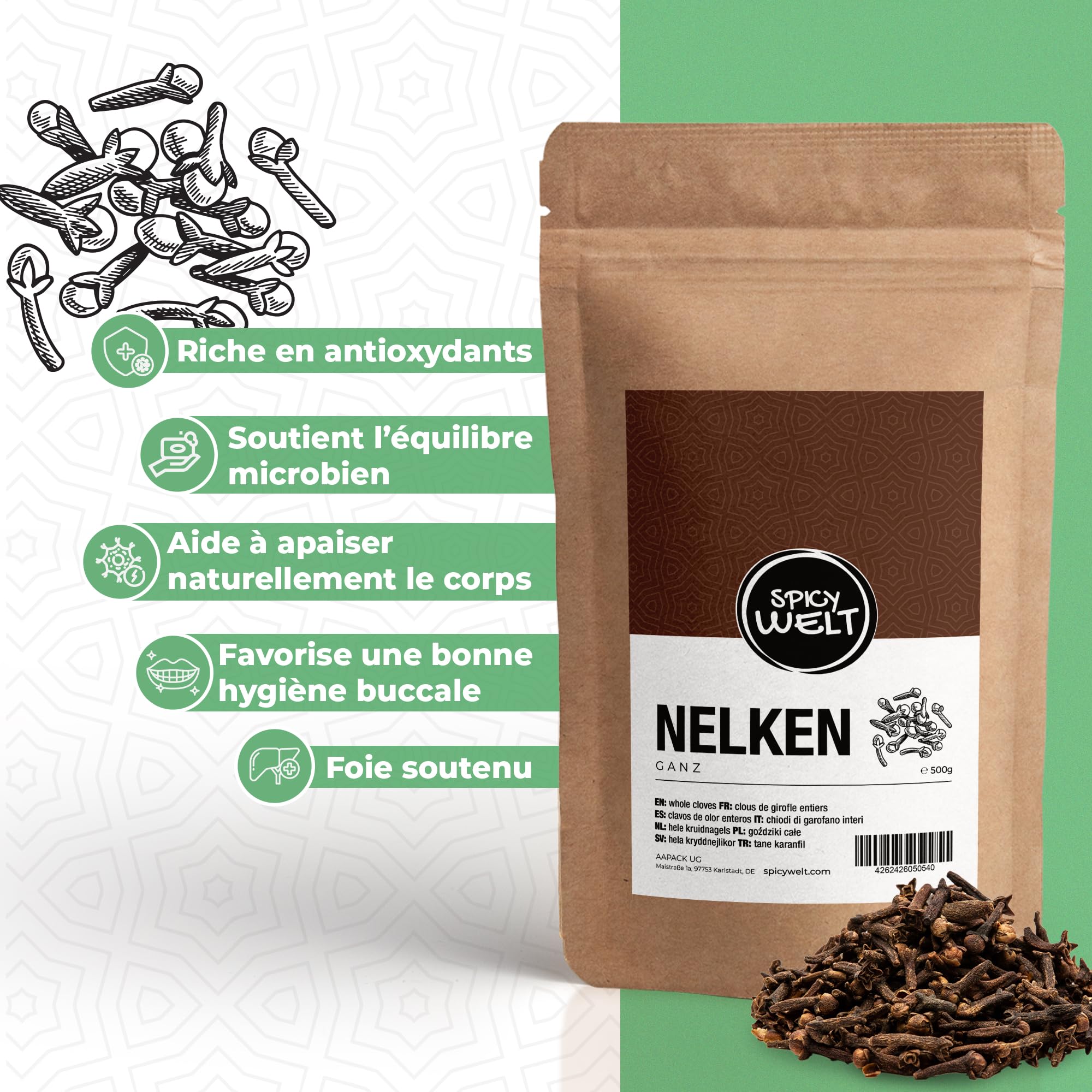 Spicy Welt Clous de Girofle Entiers (500g) – Girofle pour Pot-au-Feu, Pain d'Épices, Infusion & Marinade | Saveur Intense & Boisée | 100% Naturel, Sans Additifs