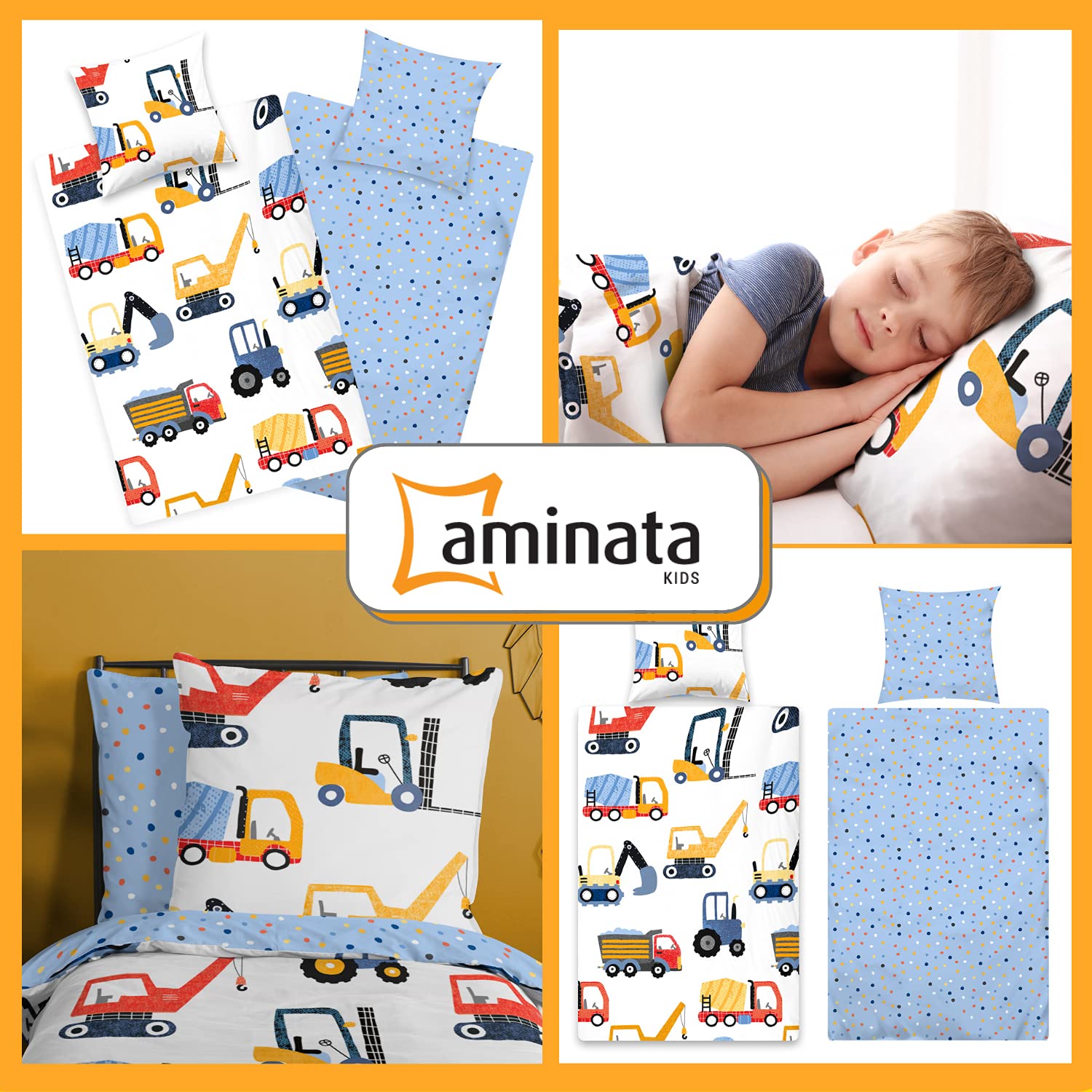 Aminata kids Bettwäsche 135x200 cm Bagger Baustelle - Kinderbettwäsche für Jungen 100% Baumwolle - Kinder Wendebettwäsche-Set mit Baufahrzeugen blau