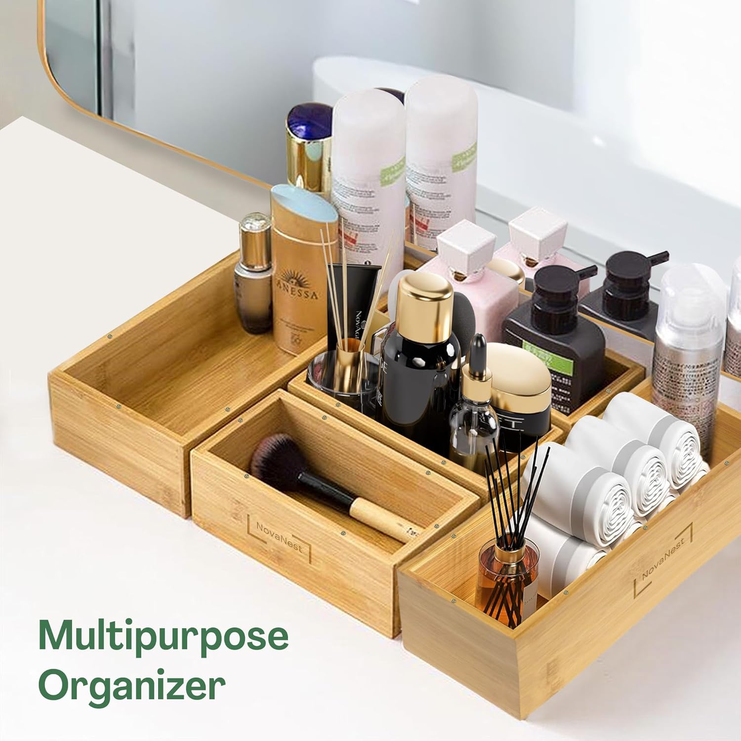 5PCS Bamboo Storage Bag Organizer Set, Multi-Use Baggie Organizers for Gallon, Quart, Sandwich, Snack Food Bags, Tea Bag, Silverware, Ideal for Kitchen, Office, Makeup, Bathroom, Utensil, Junk Drawer