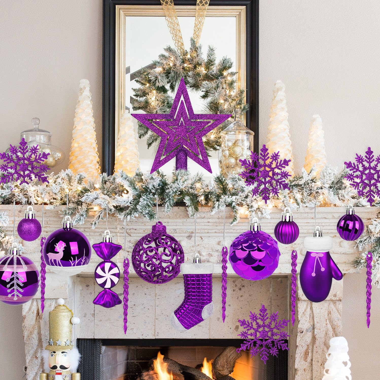 Artmag Juego de 135 adornos de bolas de Navidad, preatadas, de plástico inastillable, surtidas, para colgar en el árbol de Navidad, festivales, fiestas, decoración de vacaciones (morado)