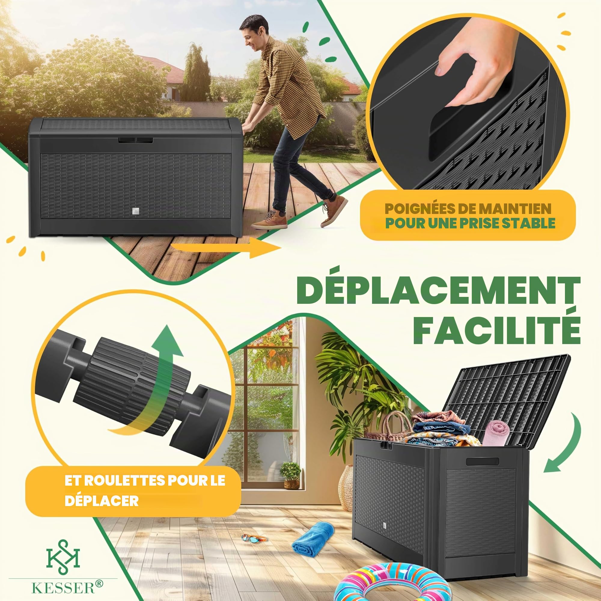 KESSER Caisse de Rangement 310 litres avec Roulettes, Couvercle Rabattable, Coffre de Jardin Plastique
