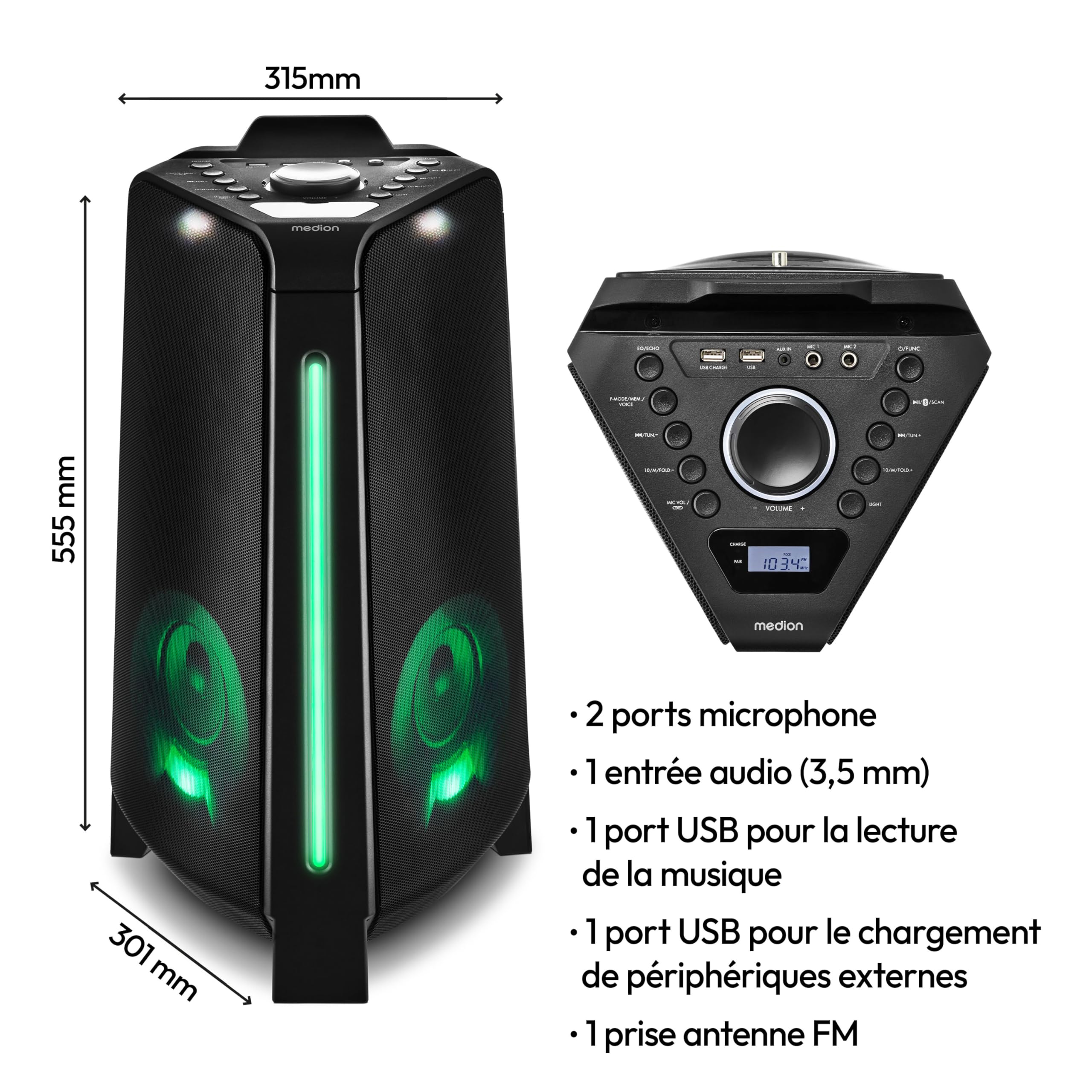 MEDION P15012 Party-Soundsystem (haut-parleurs de fête avec microphone, karaoké Partybox, batterie, Bluetooth, True Wireless Stereo, 2X 220 watts, effets lumineux, USB, AUX, 2X prise microphone, insta