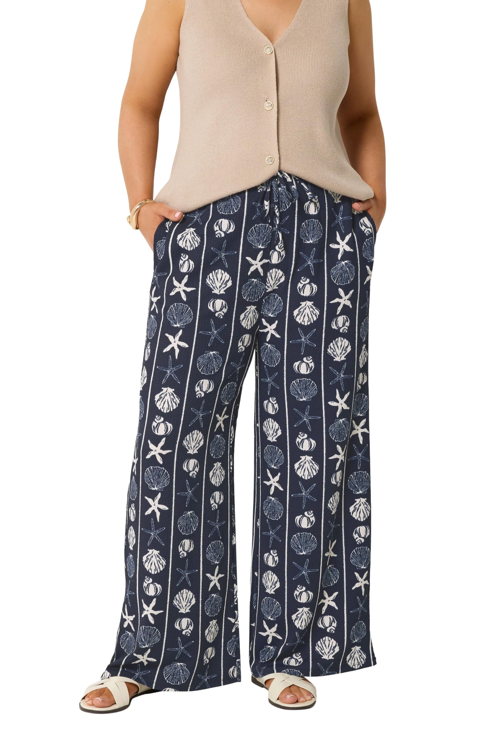 Yours Women's Dark Blue Seashell Print Crinkle Wide Leg Trousers In Small