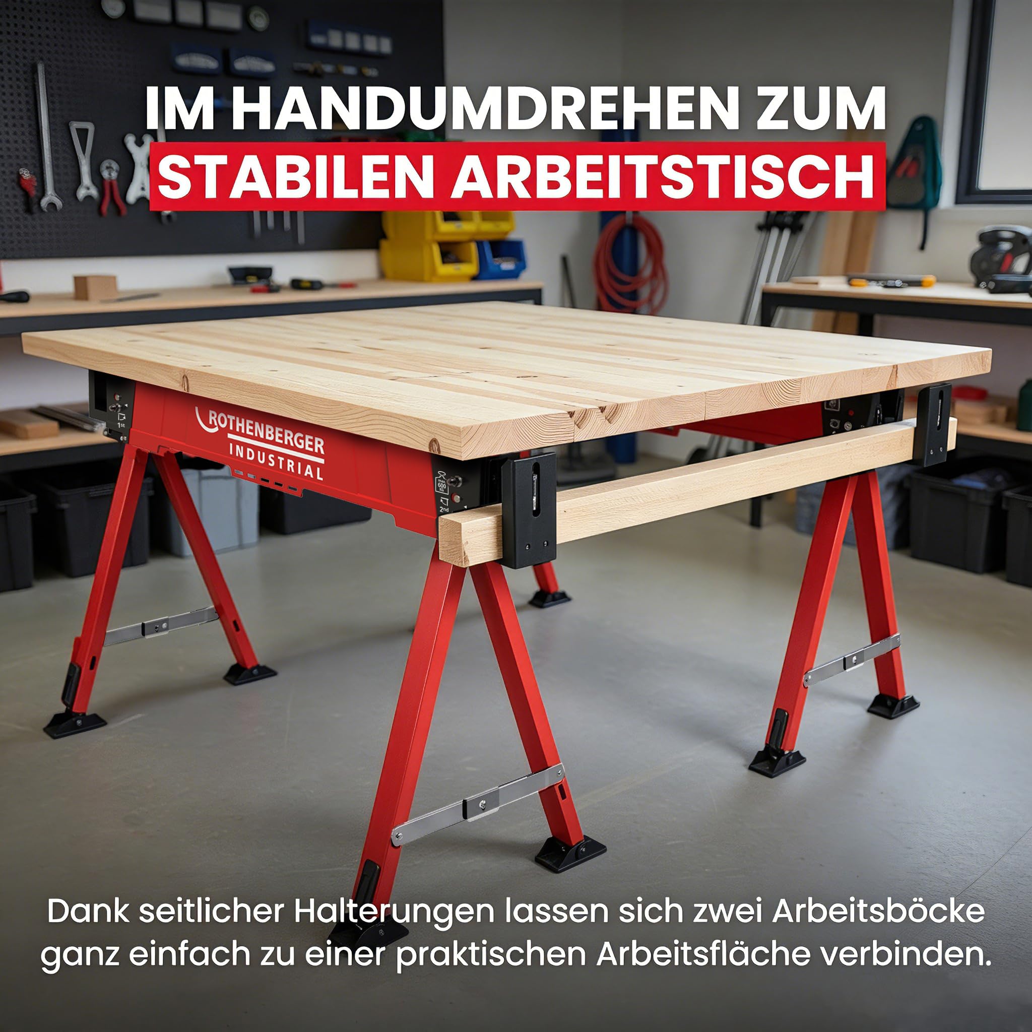 ROTHENBERGER Industrial Duo Falt Arbeitsbock, Sägebock, Unterstellbock, Klappbock 2er Set höhenverstellbar, klappbar, bis 600 kg belastbar