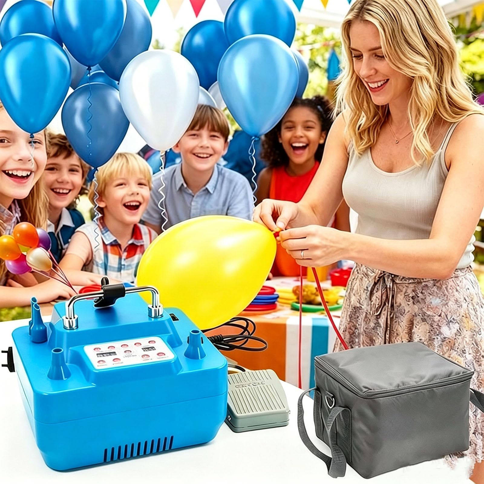 Bomba Eléctrica para Globos, Bomba De Aire Eléctrica con 2 Boquillas, Temporizador Y Control De Pedal, Inflado Rápido, Tiempo Ajustable, para Uso Comercial, Fiestas De Cumpleaños Y Bodas.
