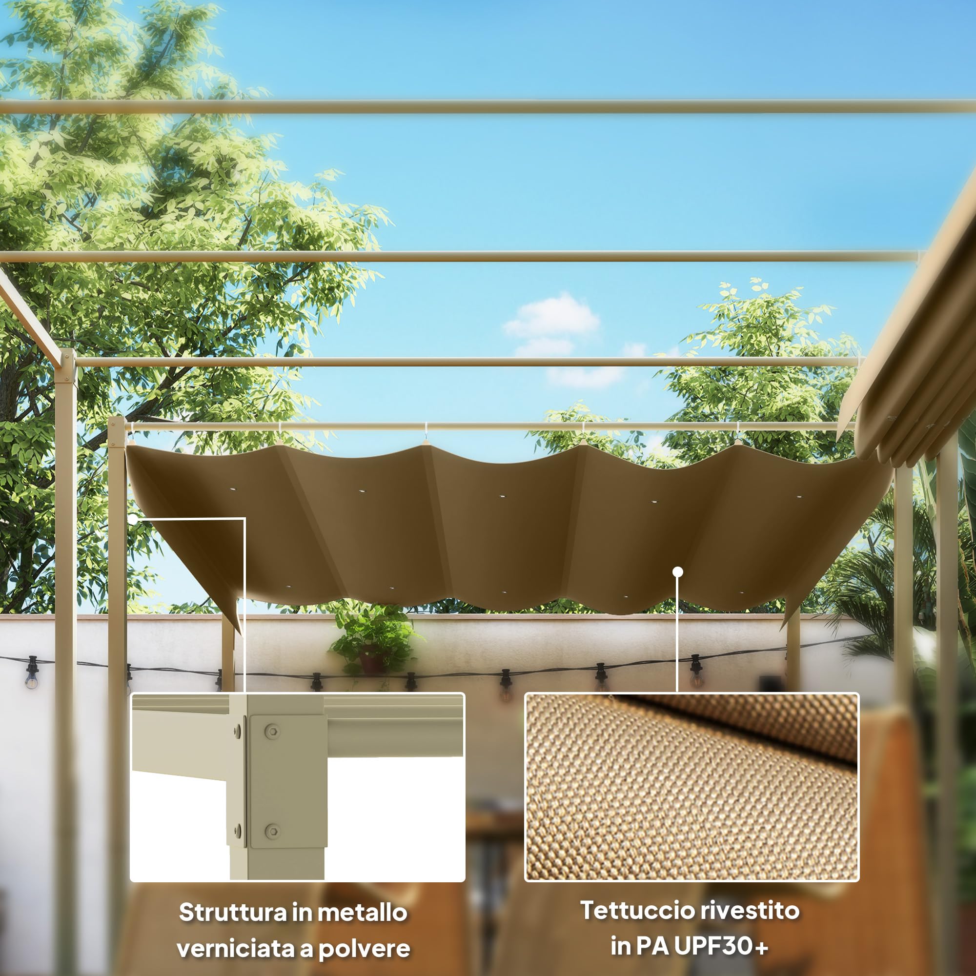 Outsunny Gazebo Pergola 3x3 m Pergolato,Telo Richiudibile Retrattile, Cachi | Telo Resistente, Struttura in Metallo, Pergola per Giardino, Terrazzo, Balcone, Veranda, Patio, Piscina, Esterno
