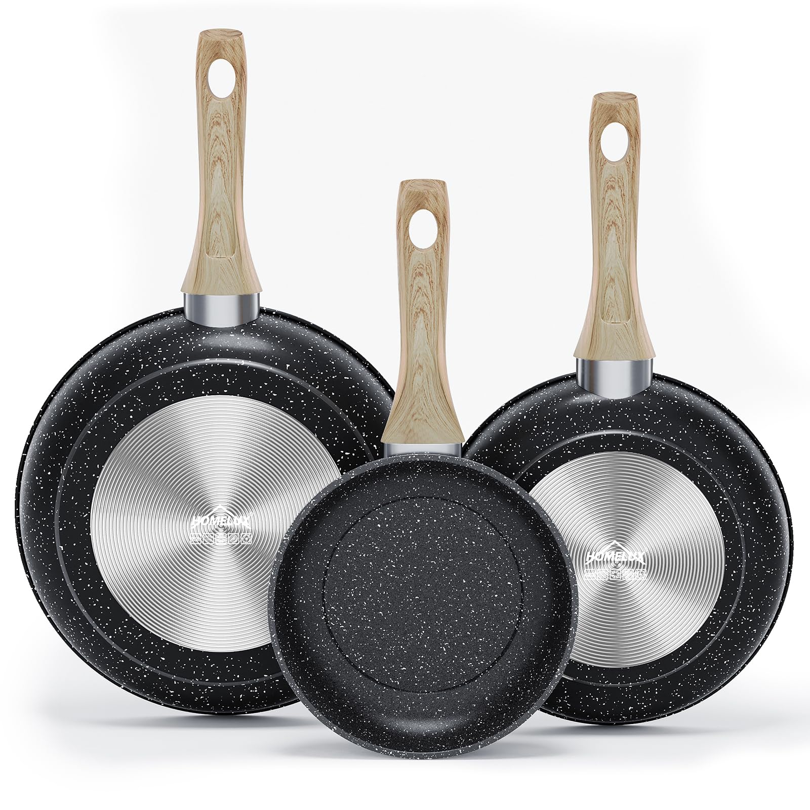 HOMELUX Antihaft Pfannenset 3-teilig Induktion, Bratpfanne 20/24/28cm mit Holzgriff, PFOA & PTFE frei, Kohlenstoffstahl, Universell für alle Herdarten