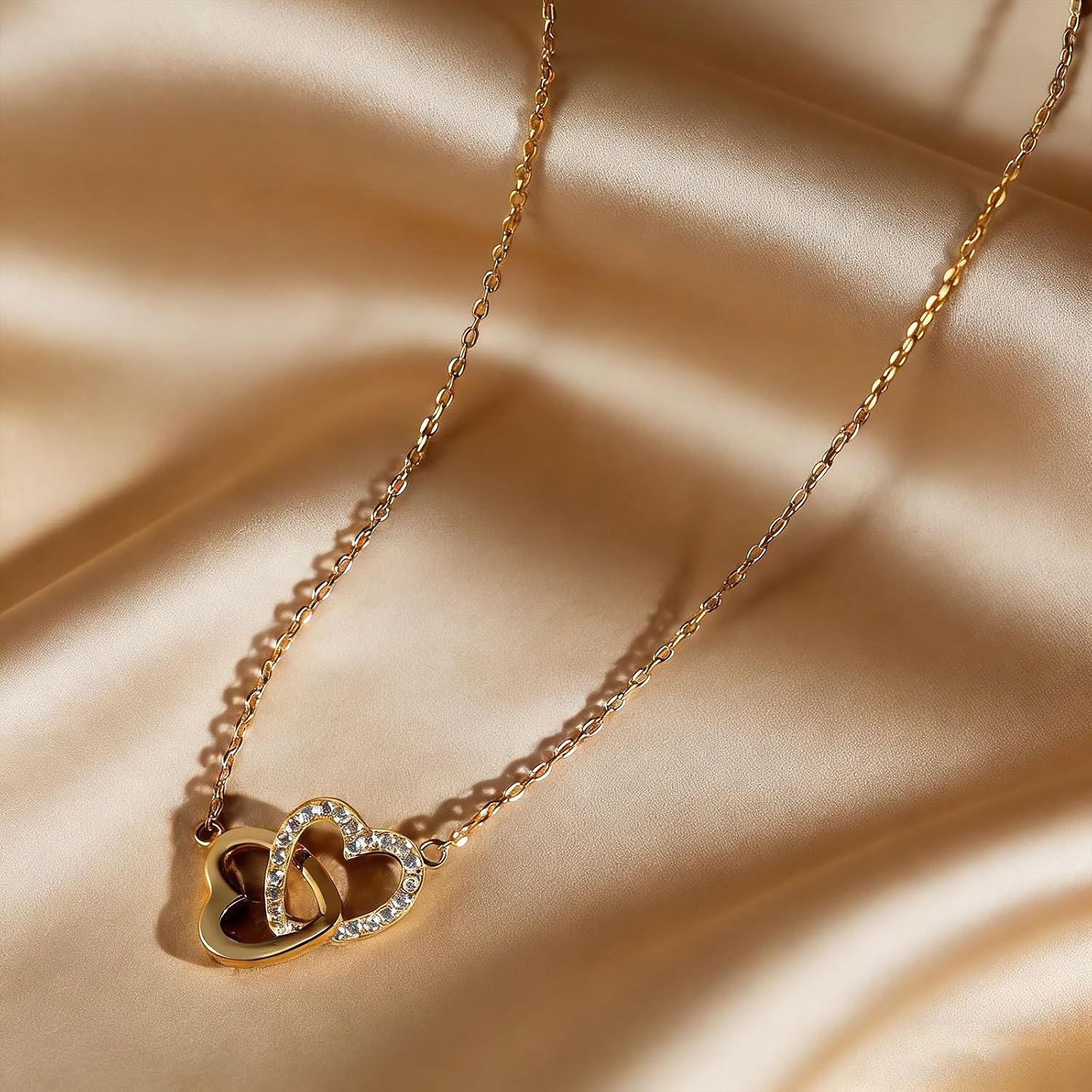 14K Gold Plated Double Heart Necklace for Women, Dainty Cubic Zirconia Pendant, Trendy Cute Gifts for Granddaughter, Birthday Easter Christmas Graduation