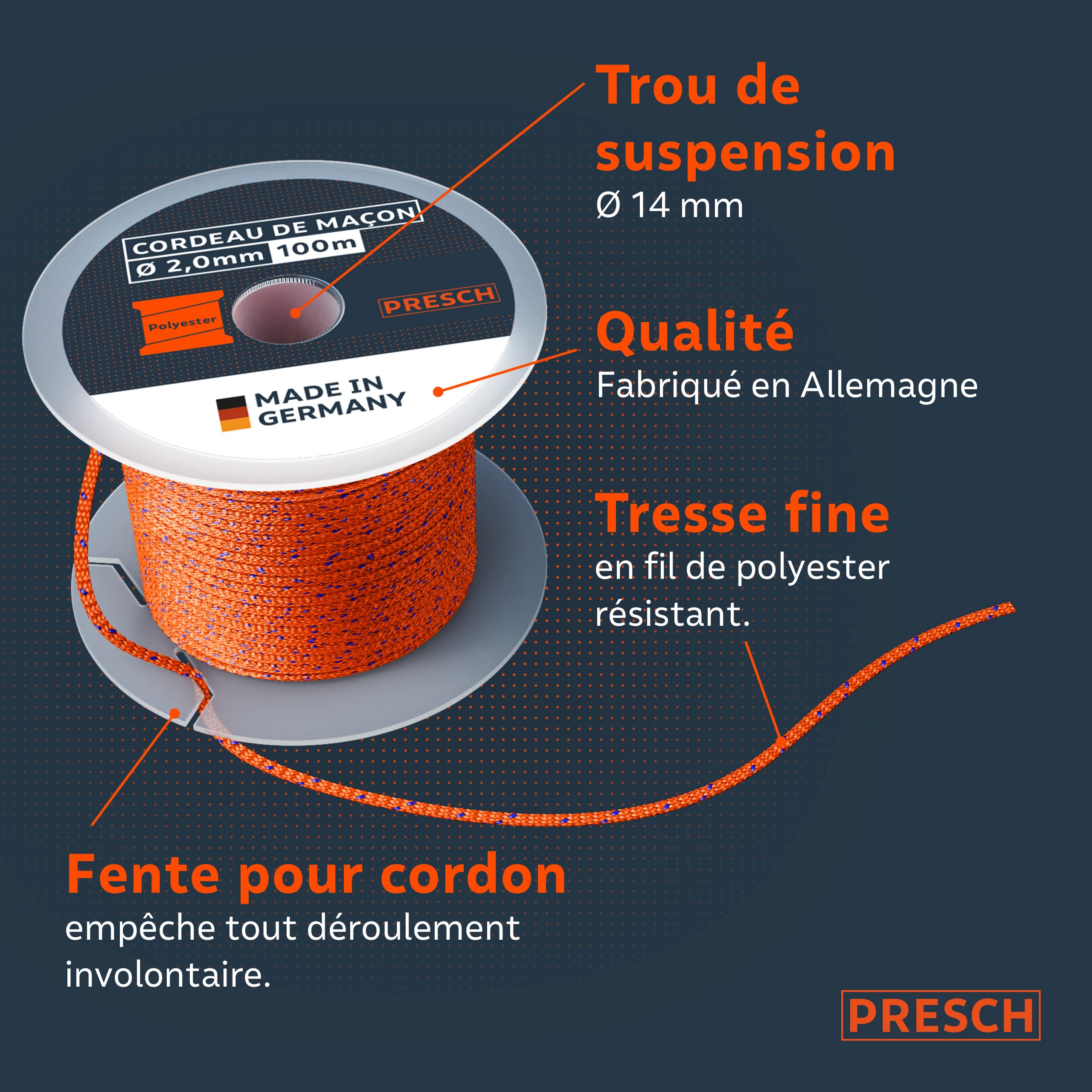 Presch Cordeau de maçon 100m | ⌀2,0mm | Polyester | Cordeau d'alignement résistant à la déchirure et aux intempéries avec Bobine | Cordeau de Construction résistant aux Noeuds