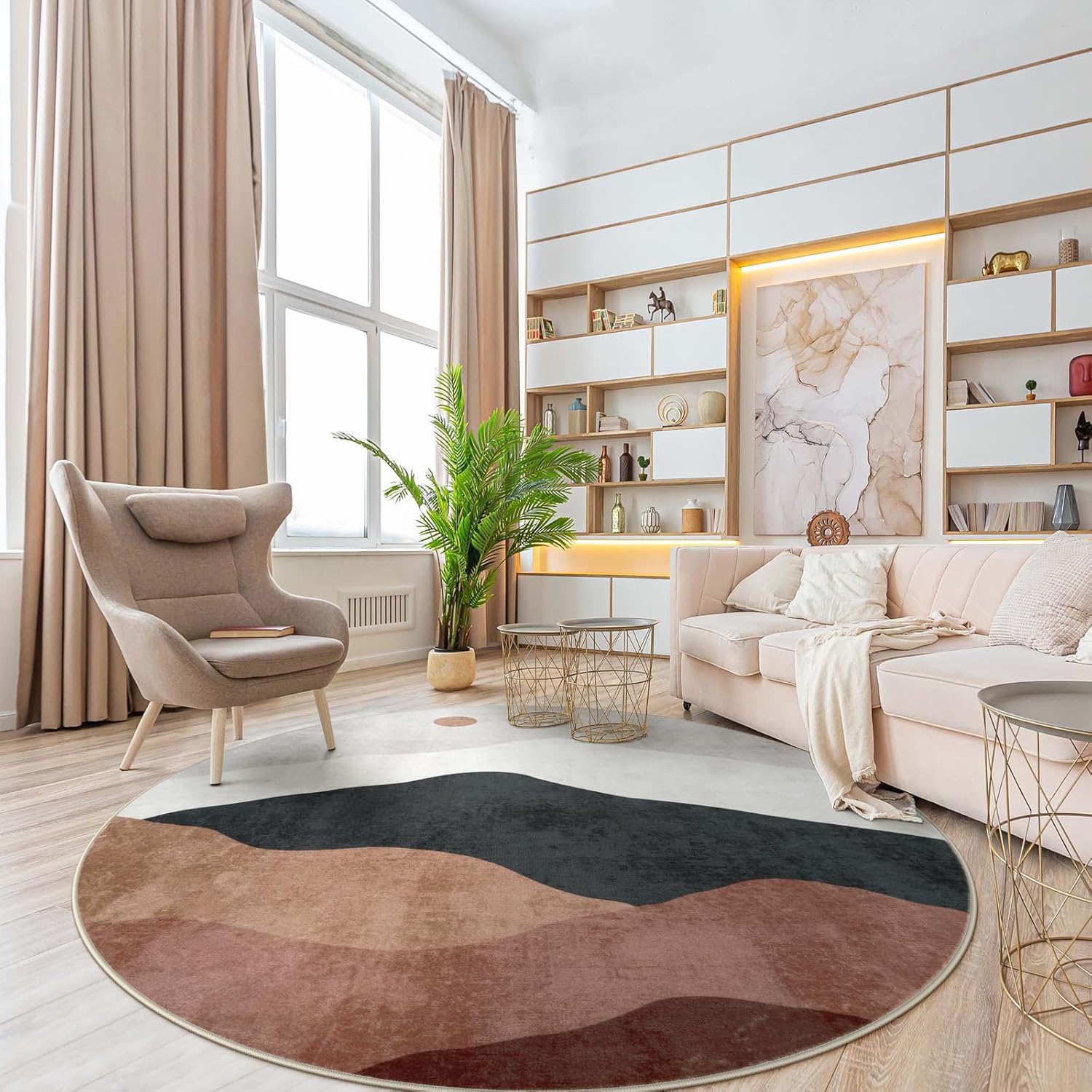 Grey Round Rugs 8ft, Abstract Circle Area Rug for Bedroom Non Slip Washable Living Room Rug, Soft Extra Large Sunrise Sunset Round Carpet for Nursery Dinng Room Playroom