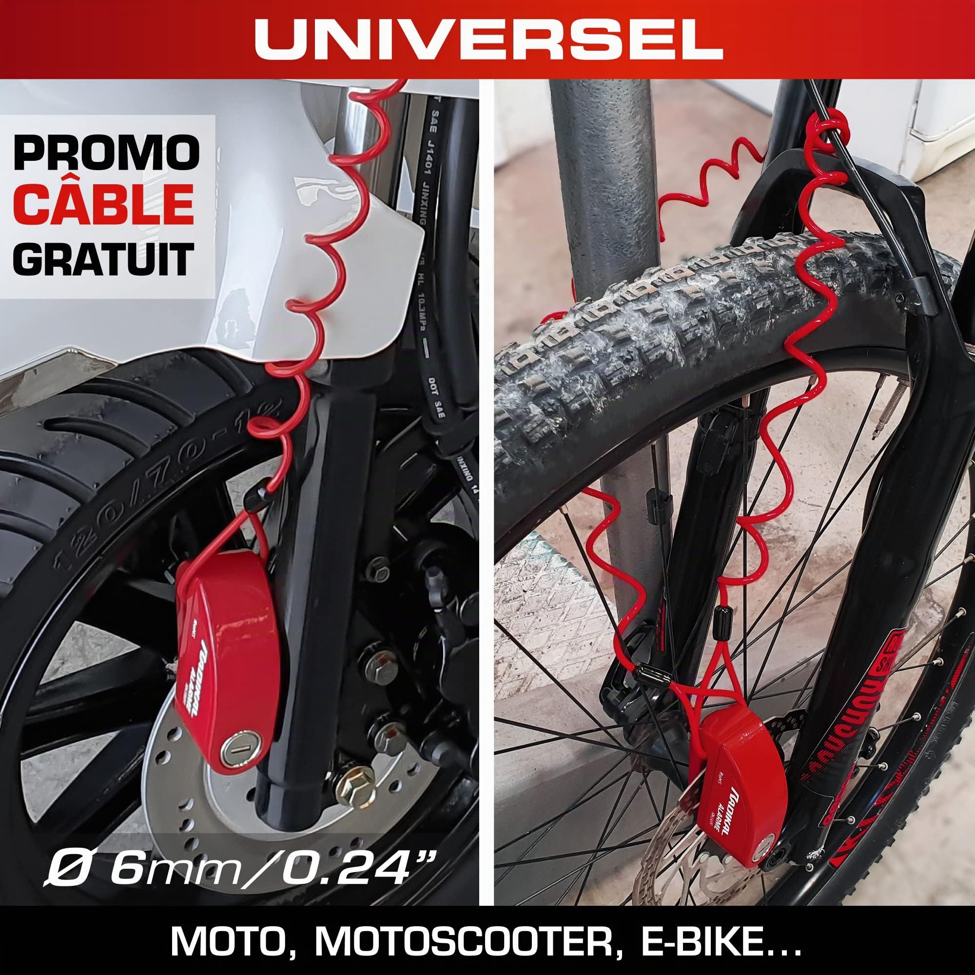 RADIKAL RK66R Antivol Moto Bloque Disque Alarme 110dB, Dissuasif et Étanche, Serrure à Clic, Câble Rappel, Piles Rechange, Sac, Anti Vol Bloc Frein ø6mm Universel Moto Scooter Vélo