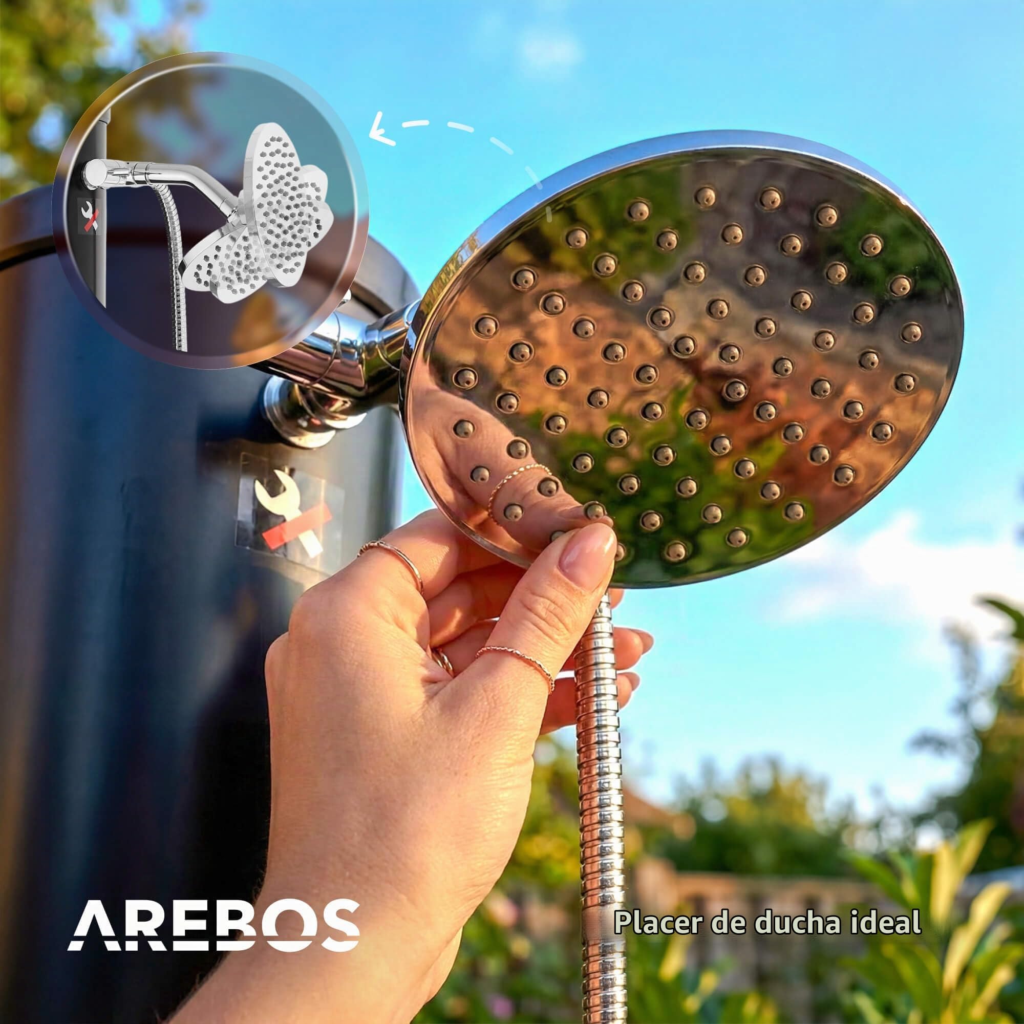Arebos Ducha solar 40 L | incl. tapa | con termómetro integrado | Negra | cabezal de ducha giratorio | cabezal de ducha móvil | con ducha de pie y conexión para manguera de jardín