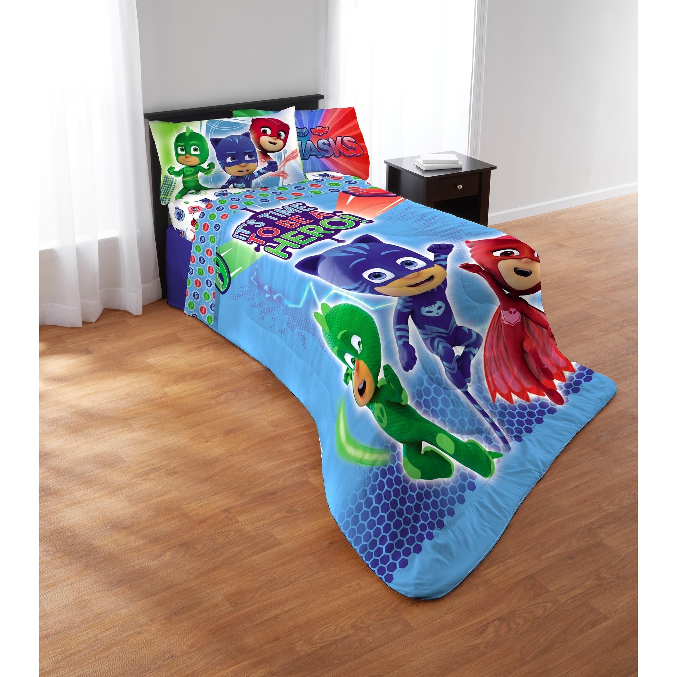 PJ Masks 4 Piece Twin Bedding Set with Comforter, Flat Sheet, Fitted Sheet, and Pillowcase
