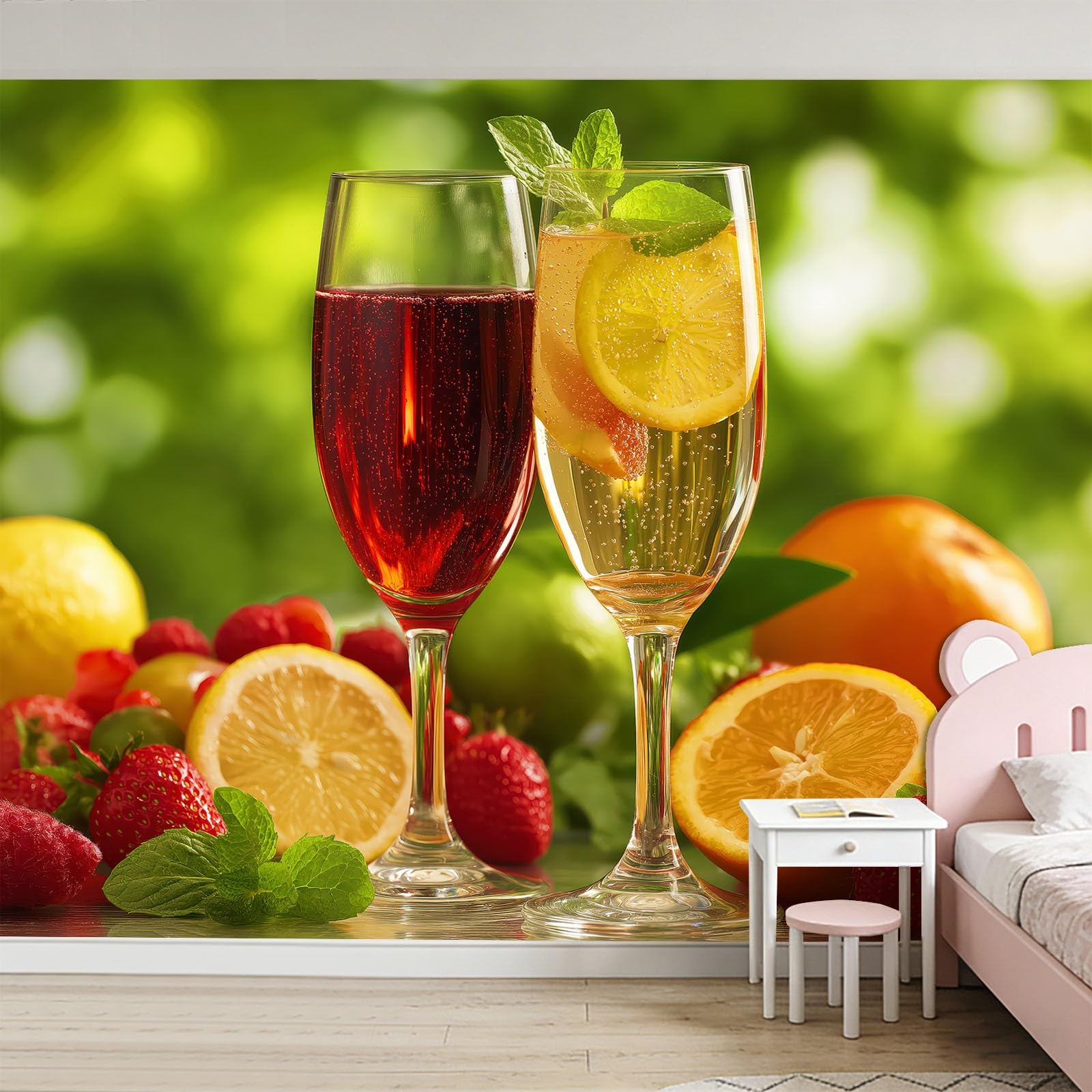 Tapeta 3D owoce wino 250 x 175 cm mural ścienny, na letnie napoje, kuchnia, bar, jadalnia, flizelina, fototapeta, funkcja premium