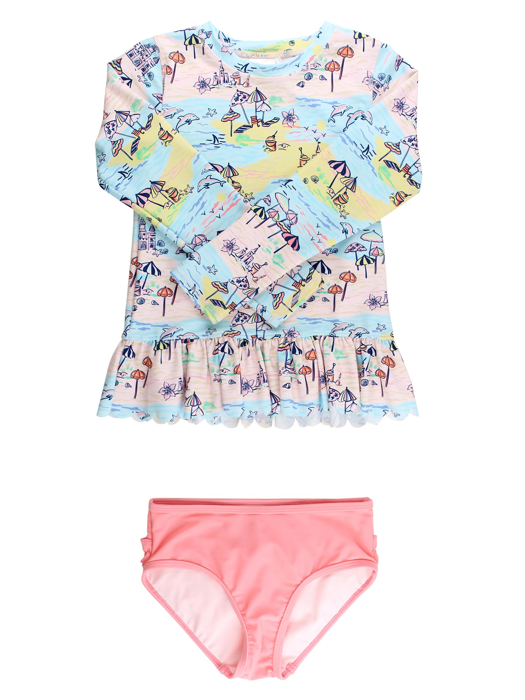RuffleButts Girls Scalloped Long Sleeve - 2-Piece Rash Guard Swim UPF 50+