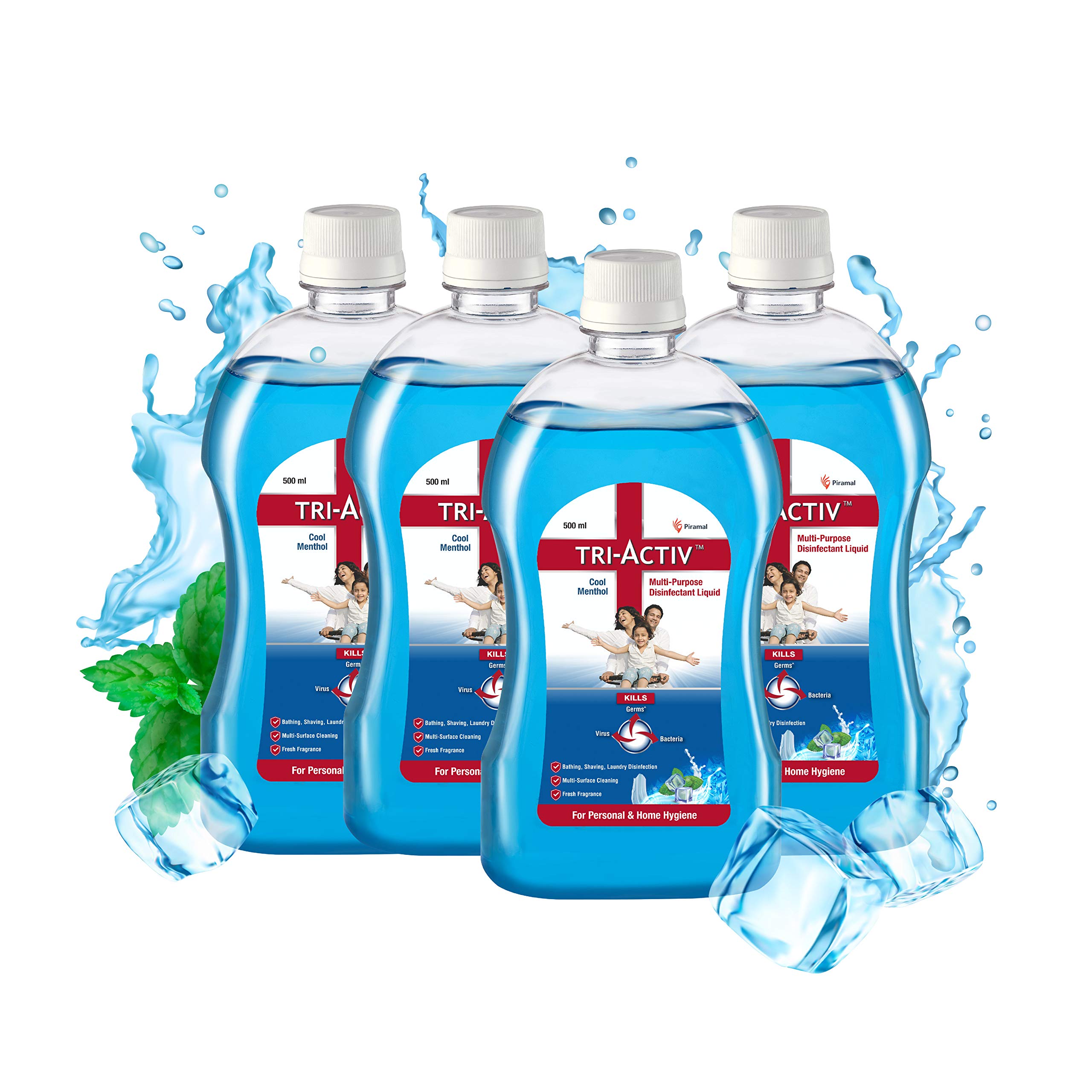 Tri-Activ Disinfectant for Multipurpose use for Personal Hygiene and Home Cleaning 500ml Cool Menthol, Blue Liquid, 4 count (TA_Disliq_4)