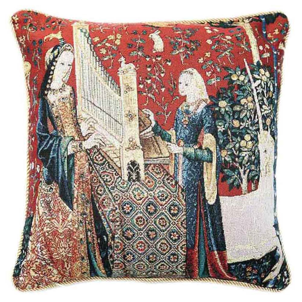 Signare Women's Sense Of Hearing Tapestry Cushion Cover 18 X18 Inches 45Cm X 45Cm Decorative Sofa Cushions With Lady And Unicorn (, Ccov-Art-Lu-He)