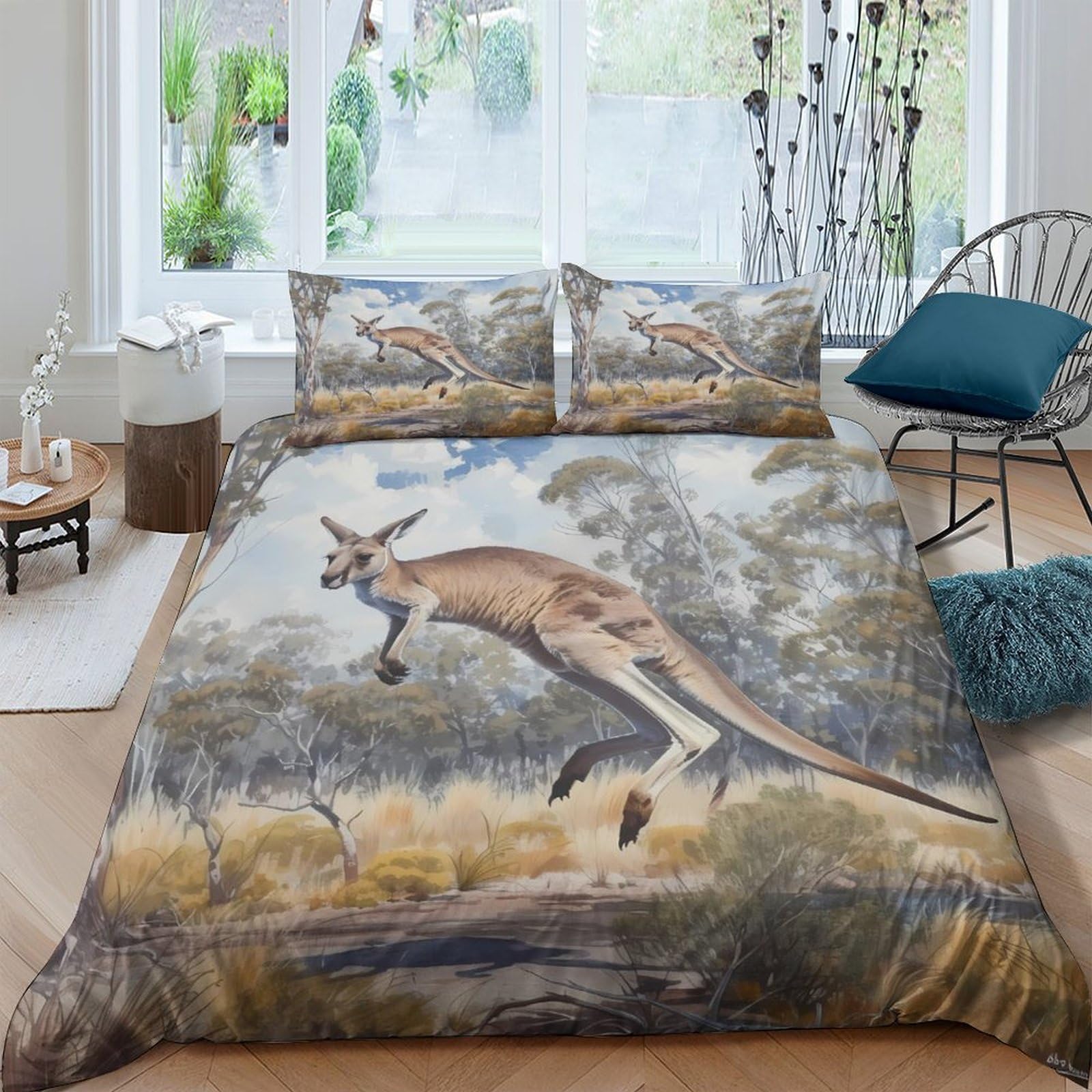 GPLZQXKJNH 3D Printed Kangaroo Forest Duvet Cover Set Microfiber Soft Breathable Outback Animal Bedding with 2 Pillowcases for Bedroom Single（135x200cm）