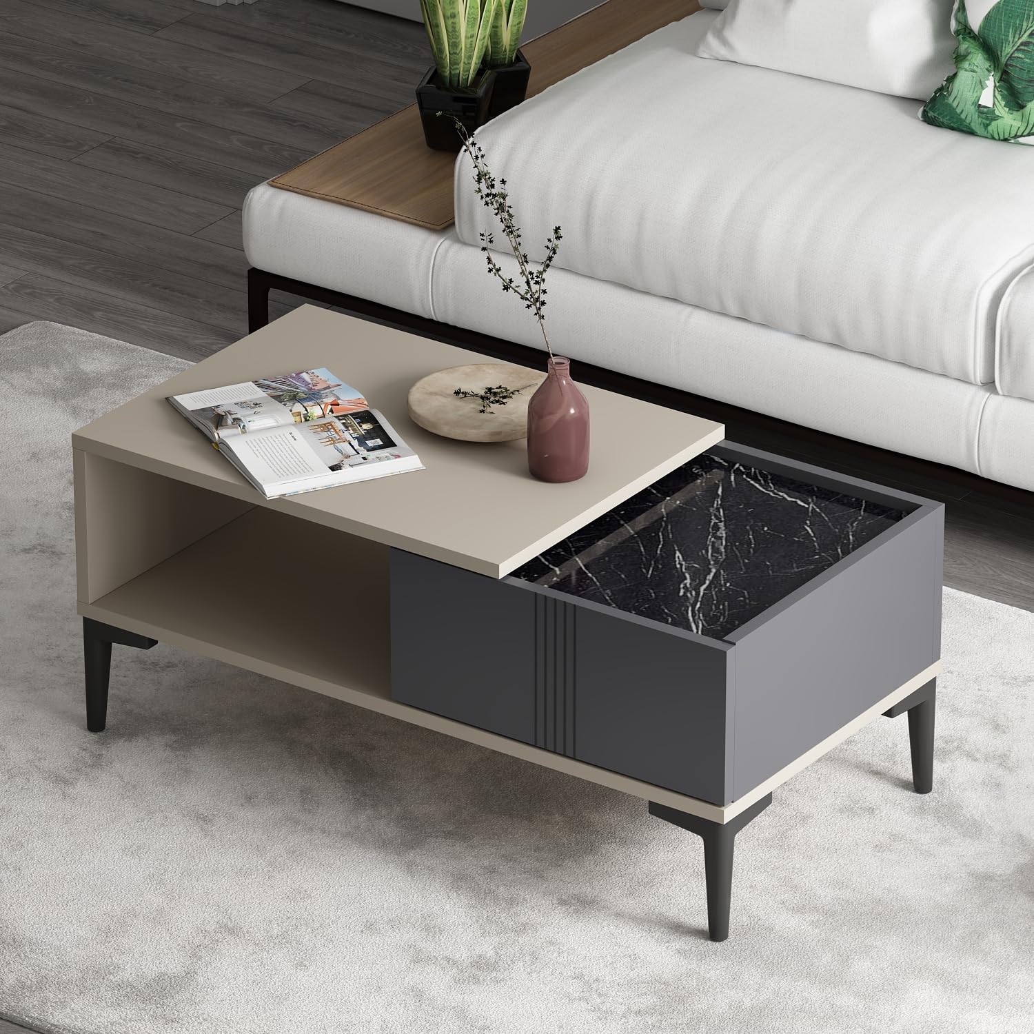 Homidea Modena - Tavolino da salotto con vano portaoggetti da 90 cm, moderno design scandinavo con spazio di archiviazione, tavolino rettangolare per salotto (beige