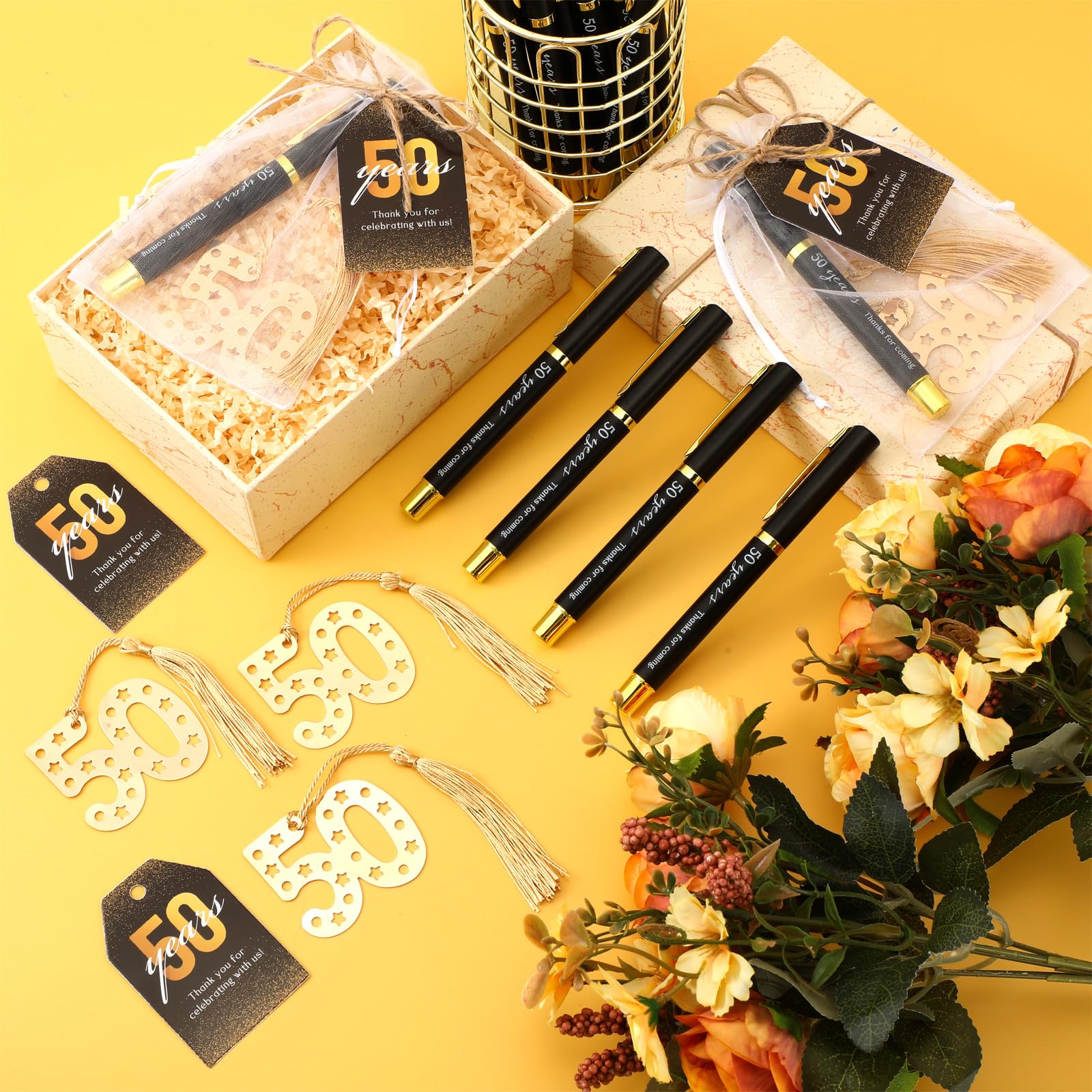 Spakon Goldenes Lesezeichen zum 50. und 60. Geburtstag, Souvenirs für Gäste, Jahrestag, Party, Geschenk, mit Etiketten, 50 Stück