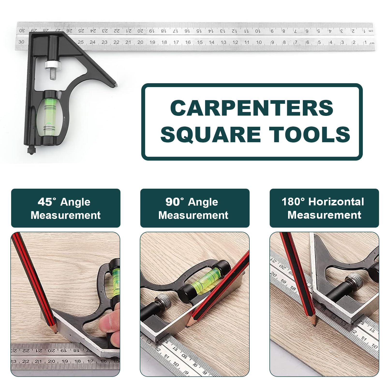 Square Ruler Tool Set, Combination Square Carpentry Tools with 12Inches/300mm Scale, 45/90 Degree Ruler with Bubble Level - Image 3